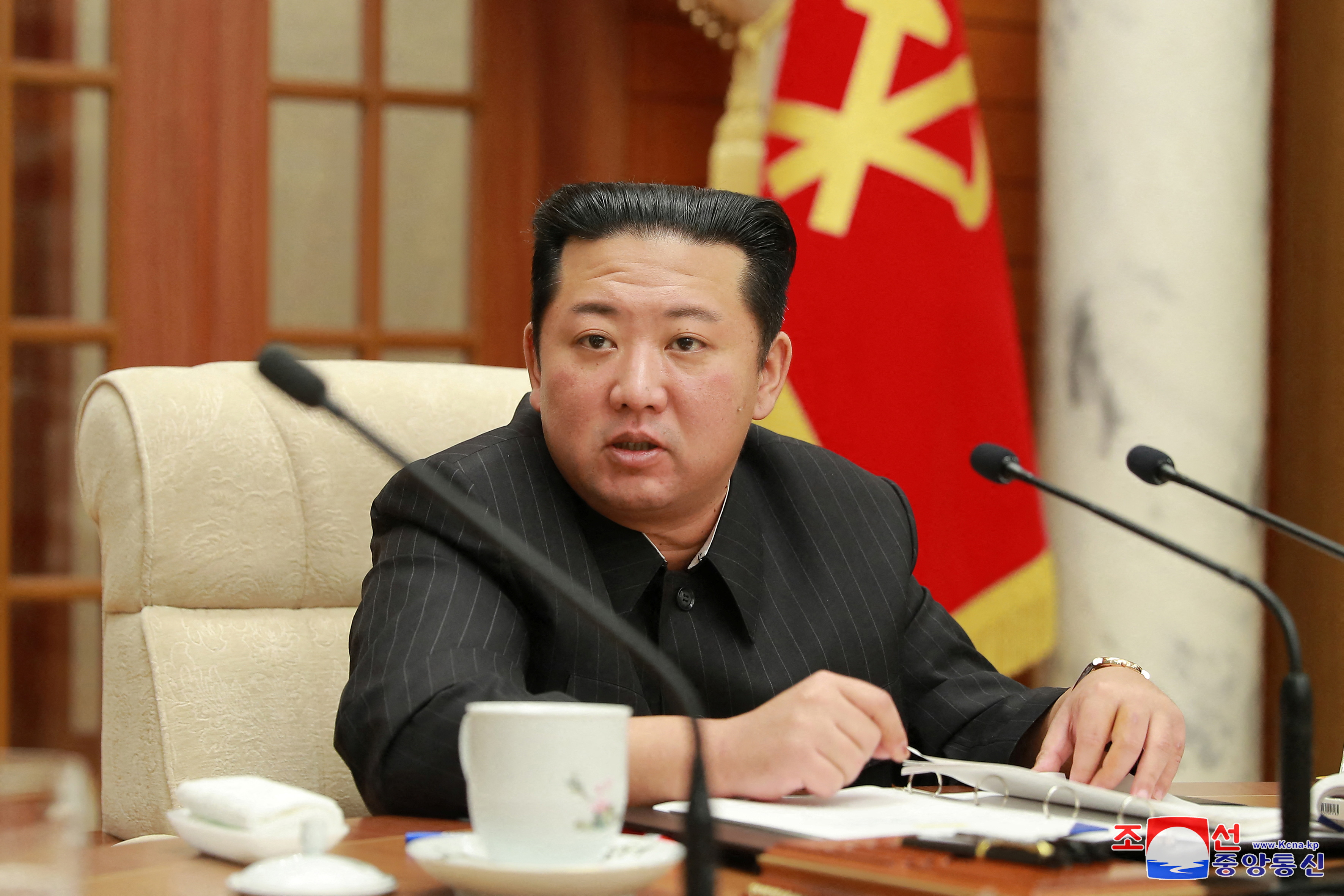 North Korean leader Kim Jong Un attends a meeting of the politburo of the ruling Workers' Party in Pyongyang