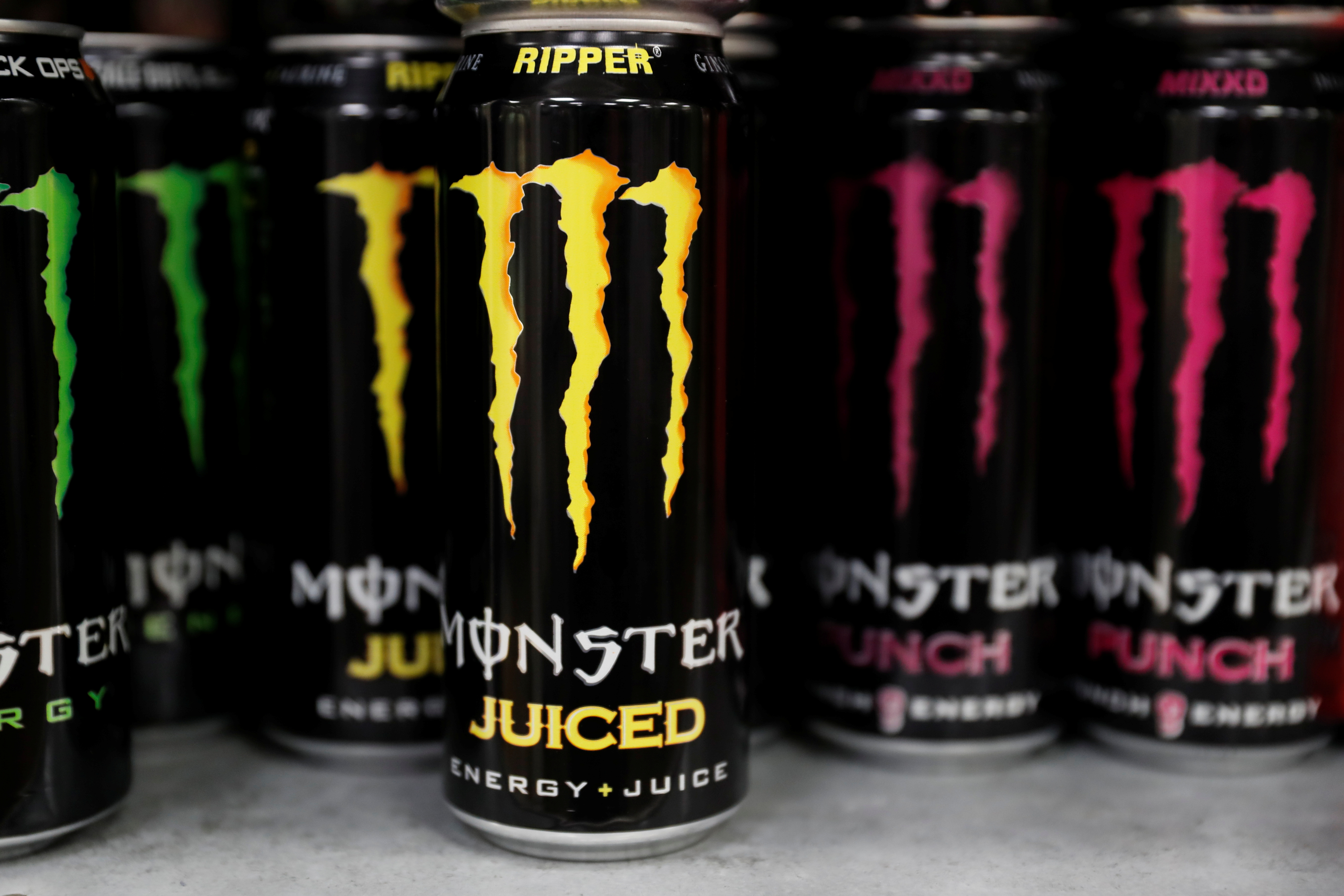 Monster energy drinks are seen for sale in a motorway services shop, Reading