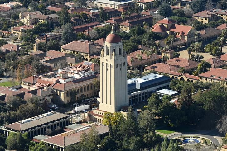 The Hoover Tower rises above Stanford University in Stanford