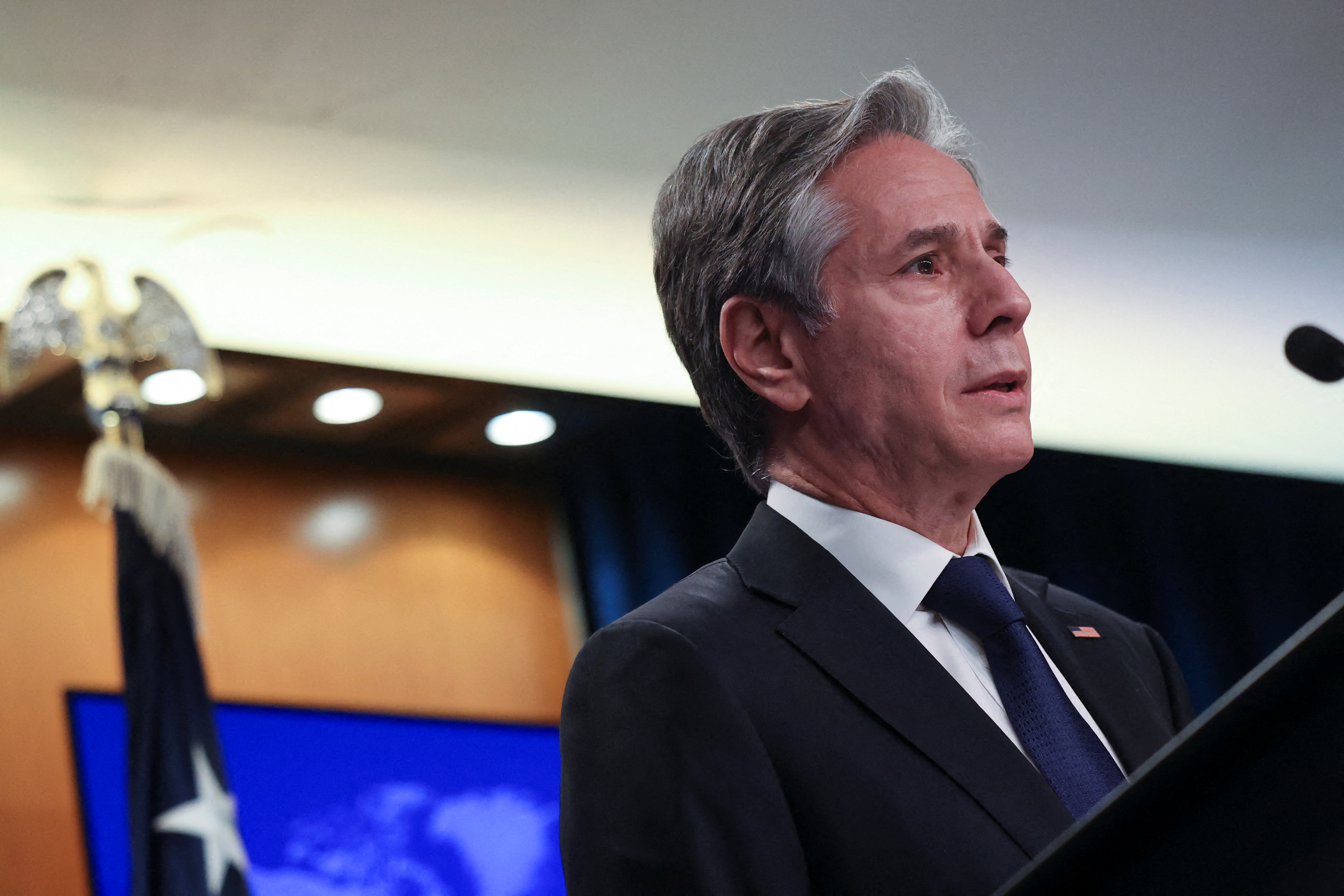 U.S. Secretary of State Antony Blinken holds a year-end news conference with news media gathered at the State Department in Washington