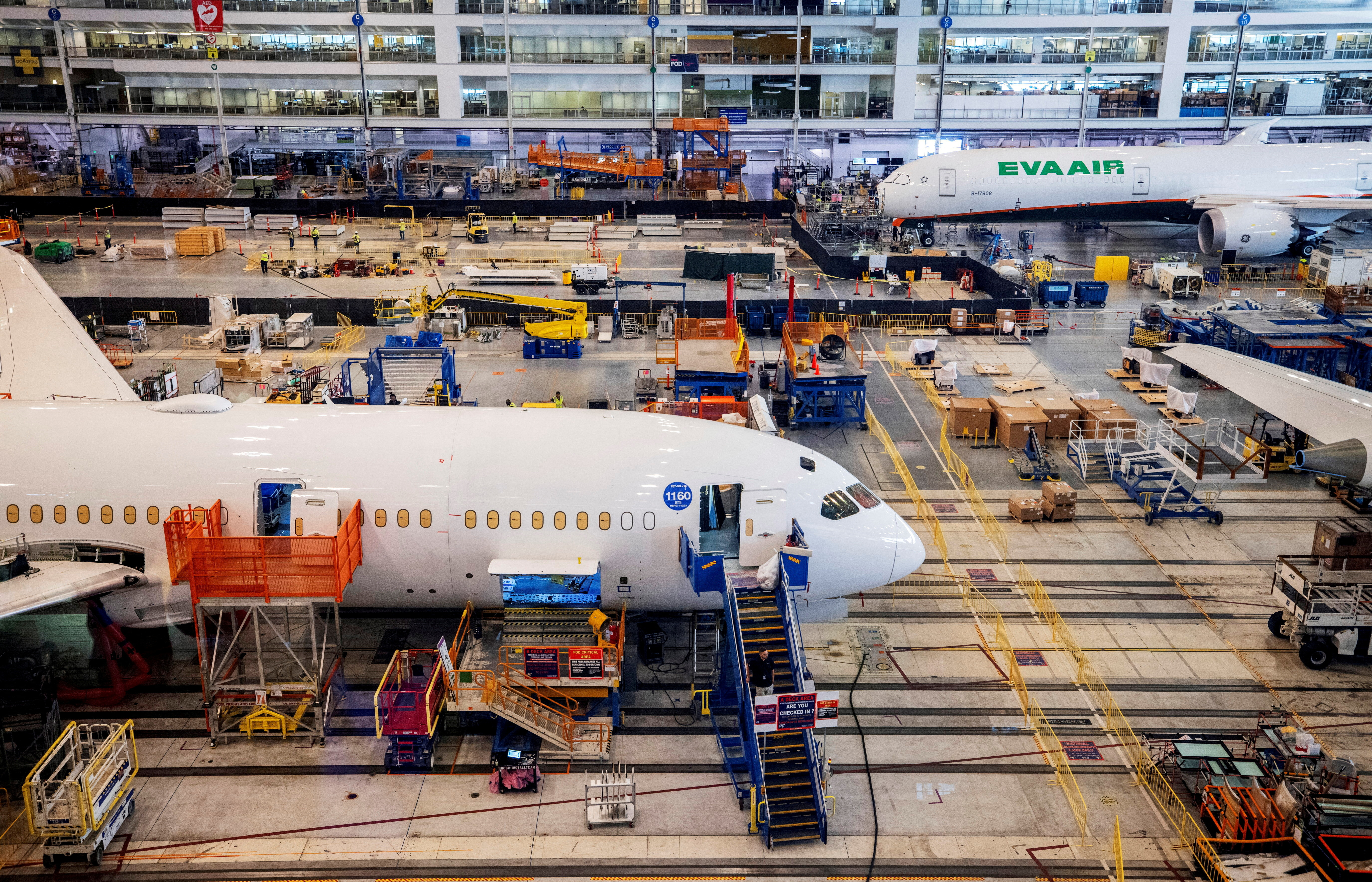 Boeing employees assemble 787s inside their main assembly building on their campus in North Charleston, South Carolina