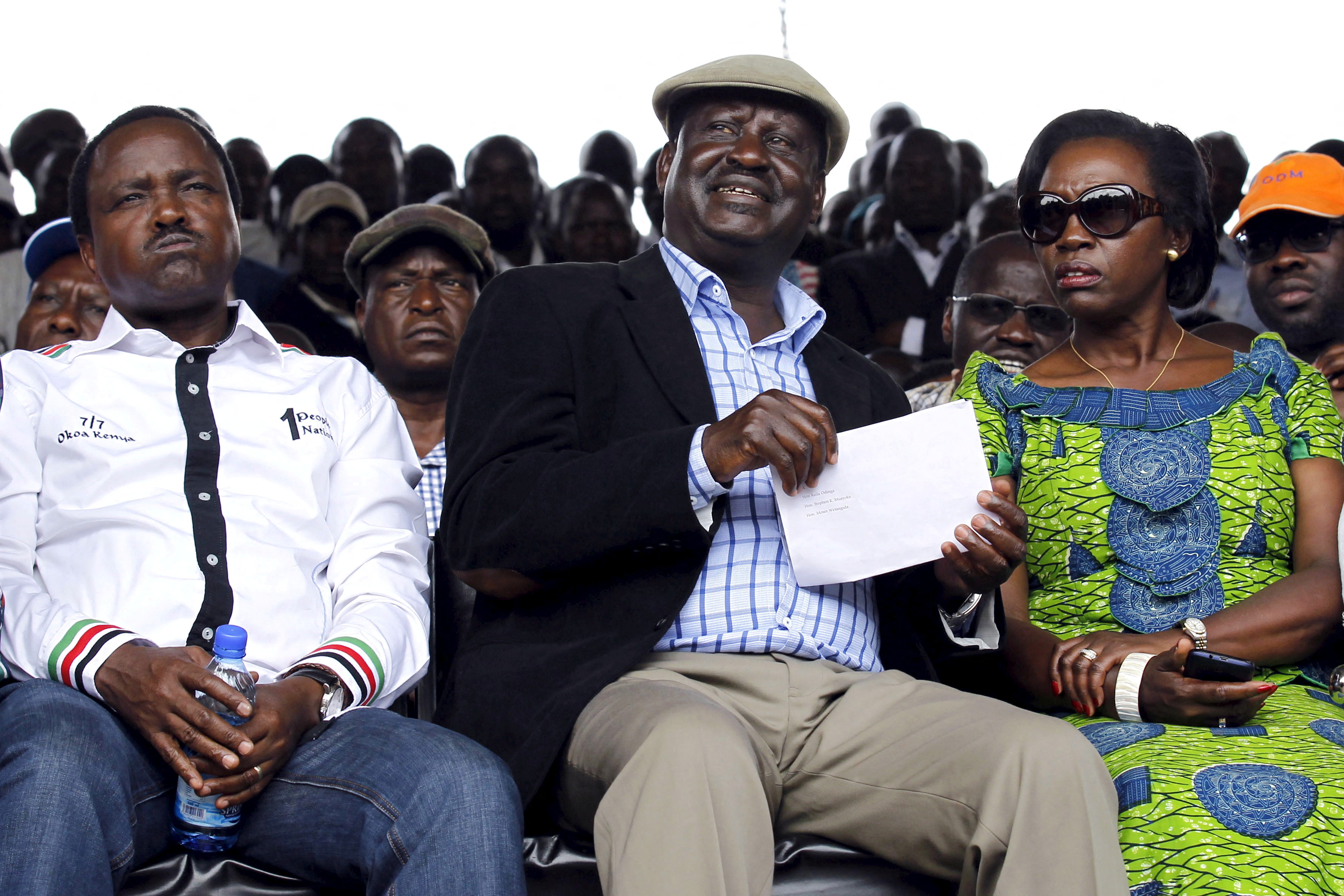 Raila Odinga, leader of Kenya's opposition CORD, attends a rally in solidarity with teachers currently engaged in a national striker over a pay increase dispute at the Uhuru Park grounds, in the capital Nairobi
