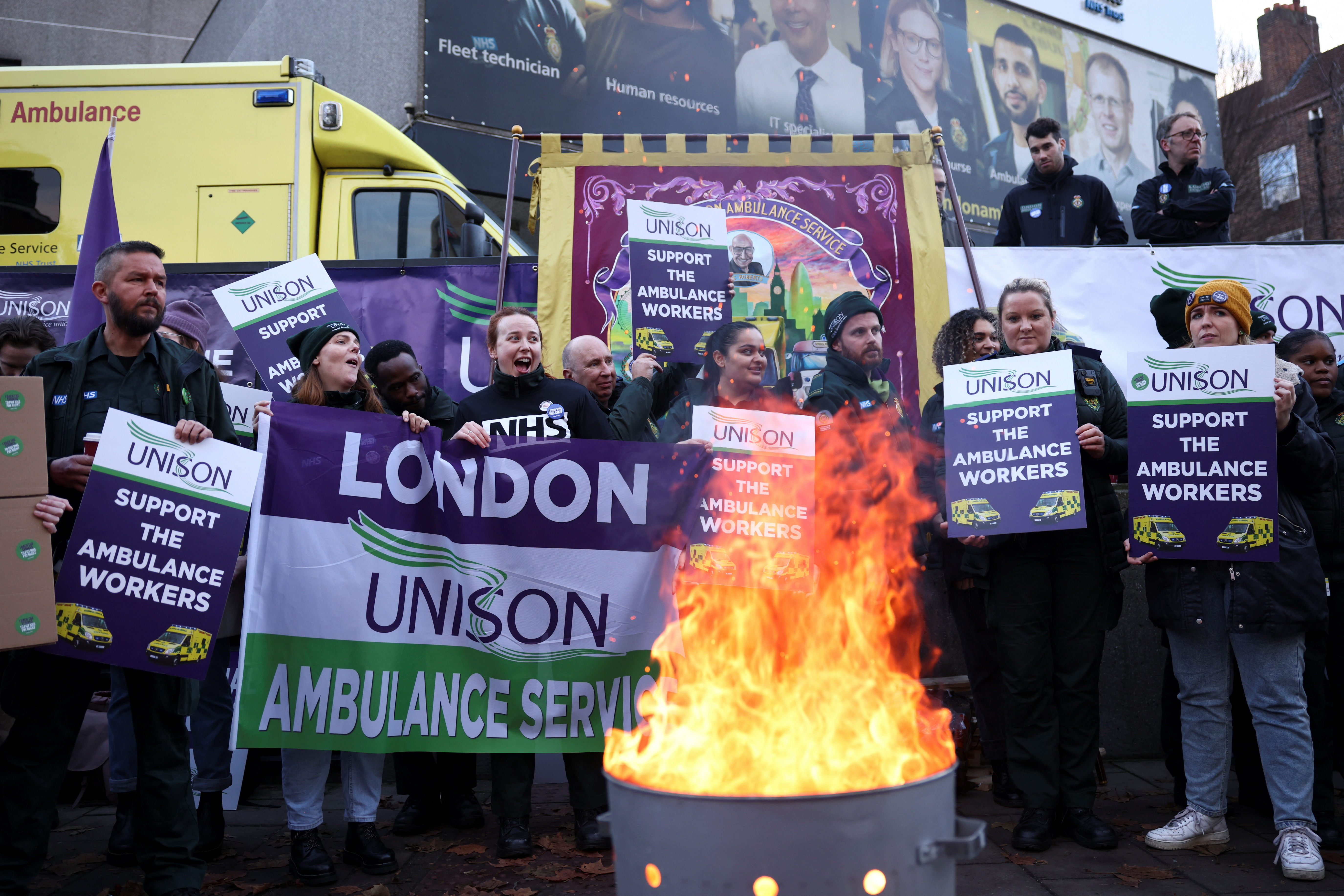 Ambulance workers strike over pay, in London