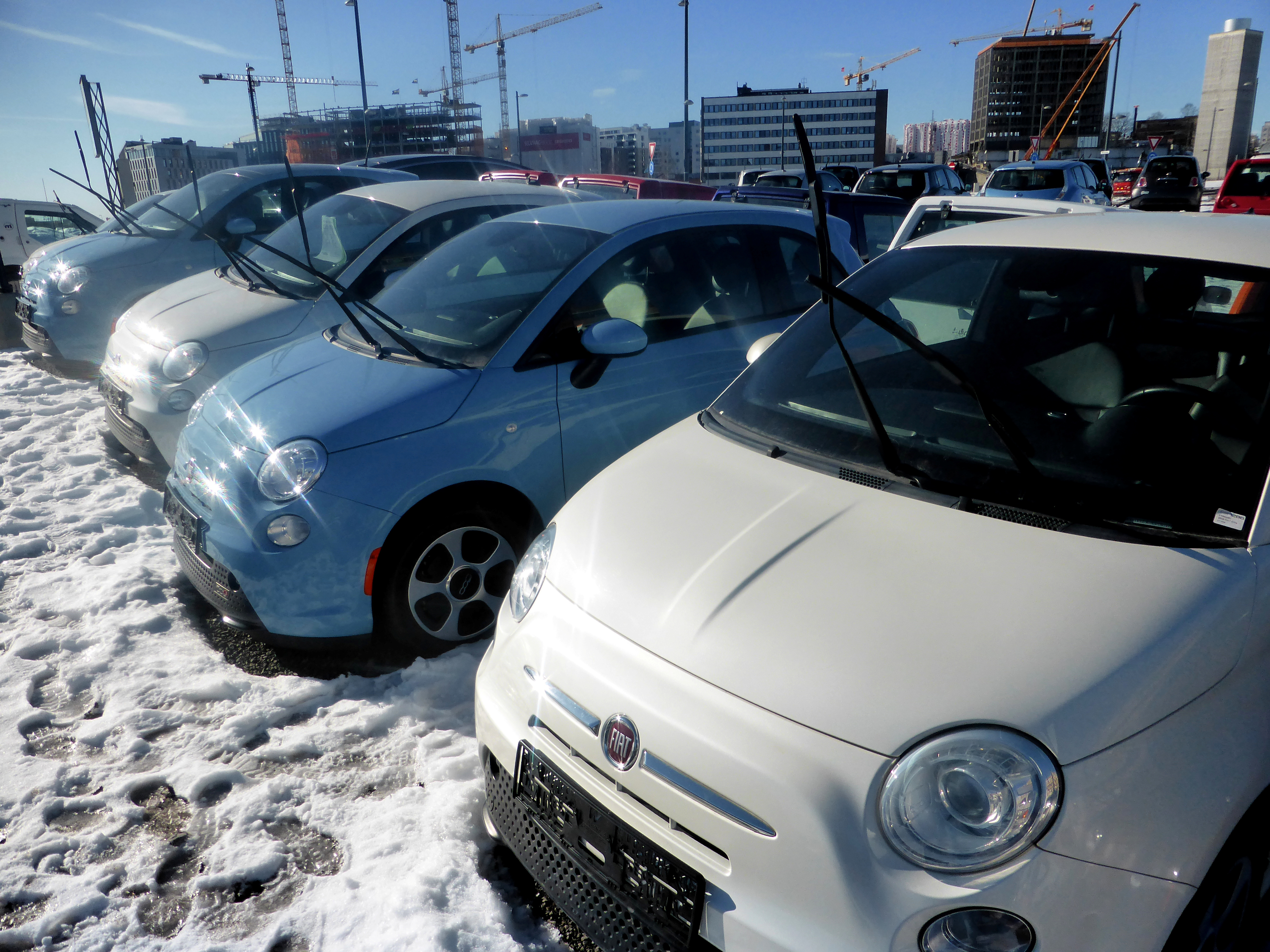 Second-hand Fiat 500e cars, imported from California, U.S., are seen at the Buddy Electric car dealership in Oslo