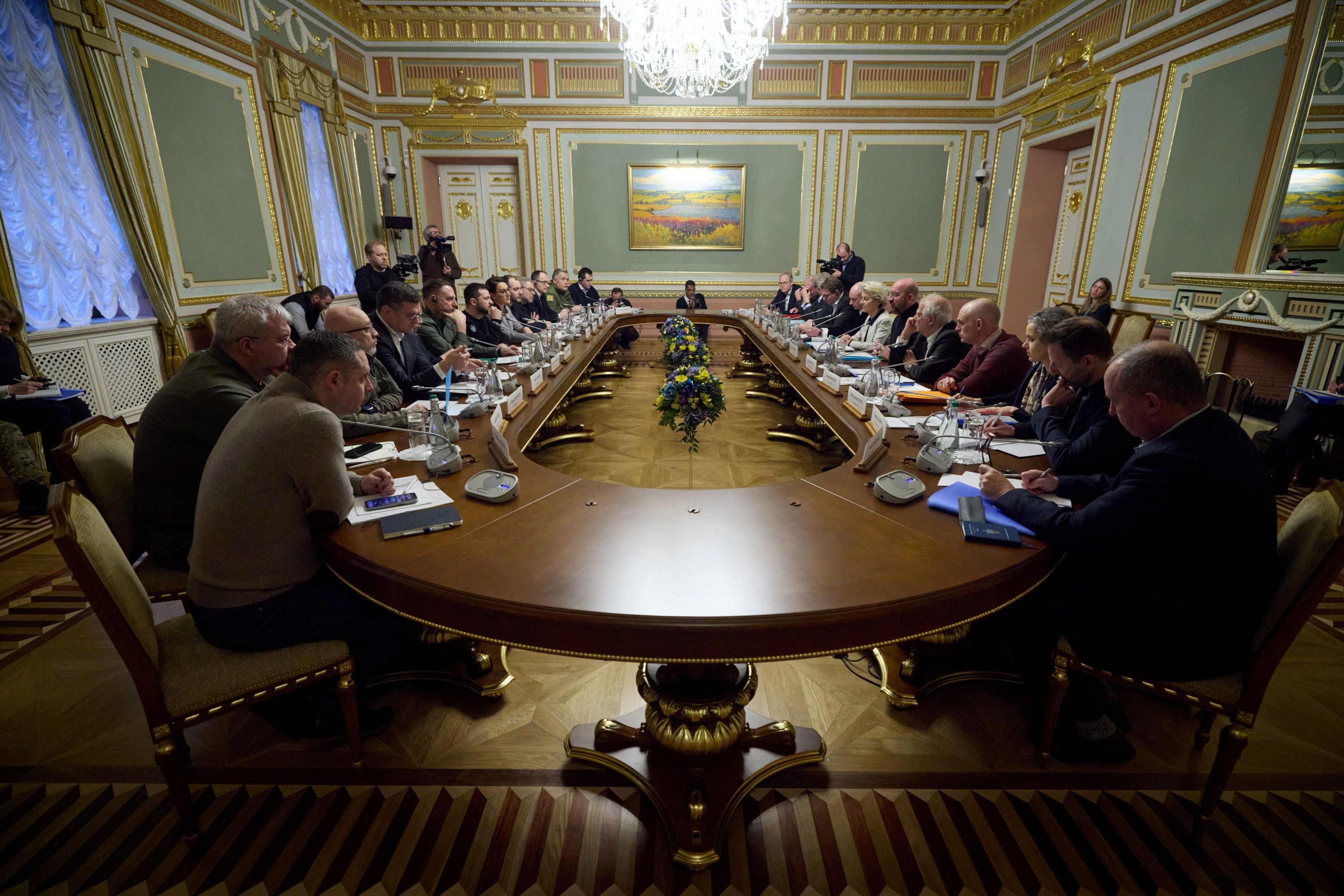 Ukraine's President Zelenskiy, European Commission President von der Leyen and European Council President Michel attend a meeting during a European Union (EU) summit in Kyiv