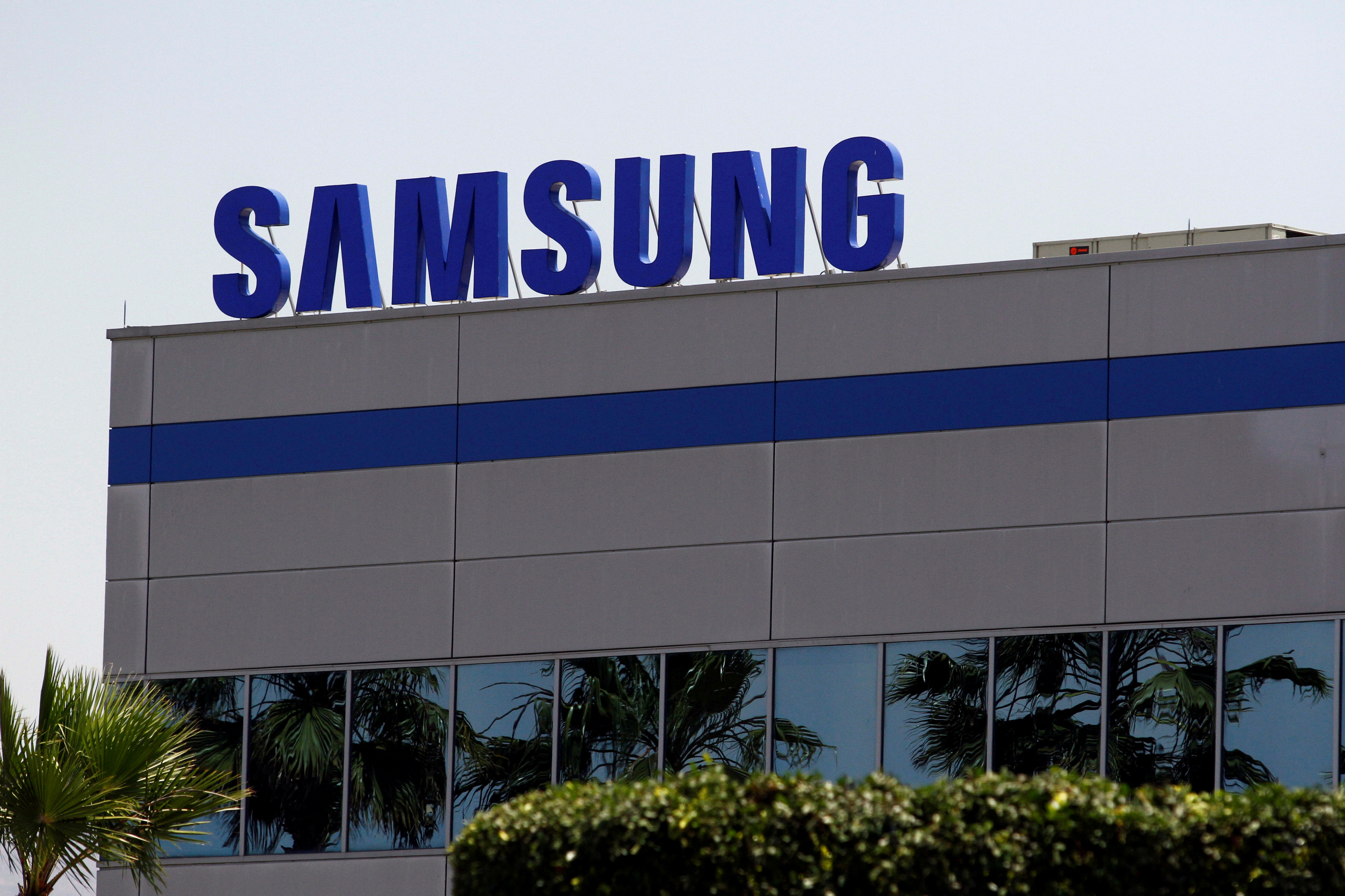 The logo of Samsung Electronics is pictured at the company's factory in Tijuana