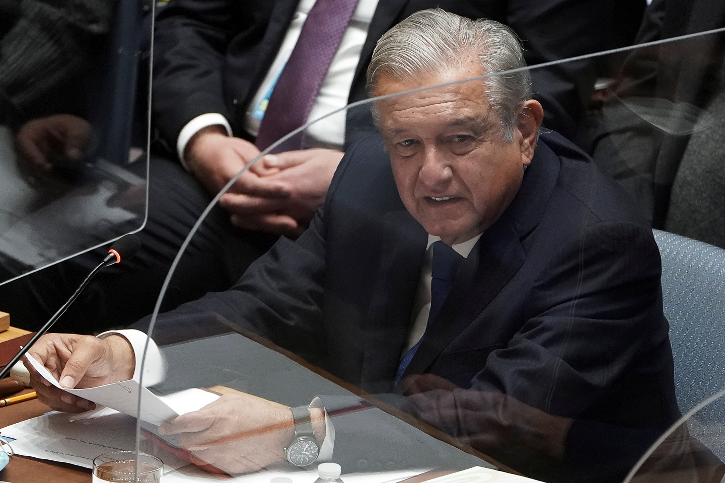 President of Mexico Andres Manuel Lopez Obrador speaks at the United Nations in the Manhattan borough of New York City, New York, U.S., November 9, 2021.  REUTERS/Carlo Allegri