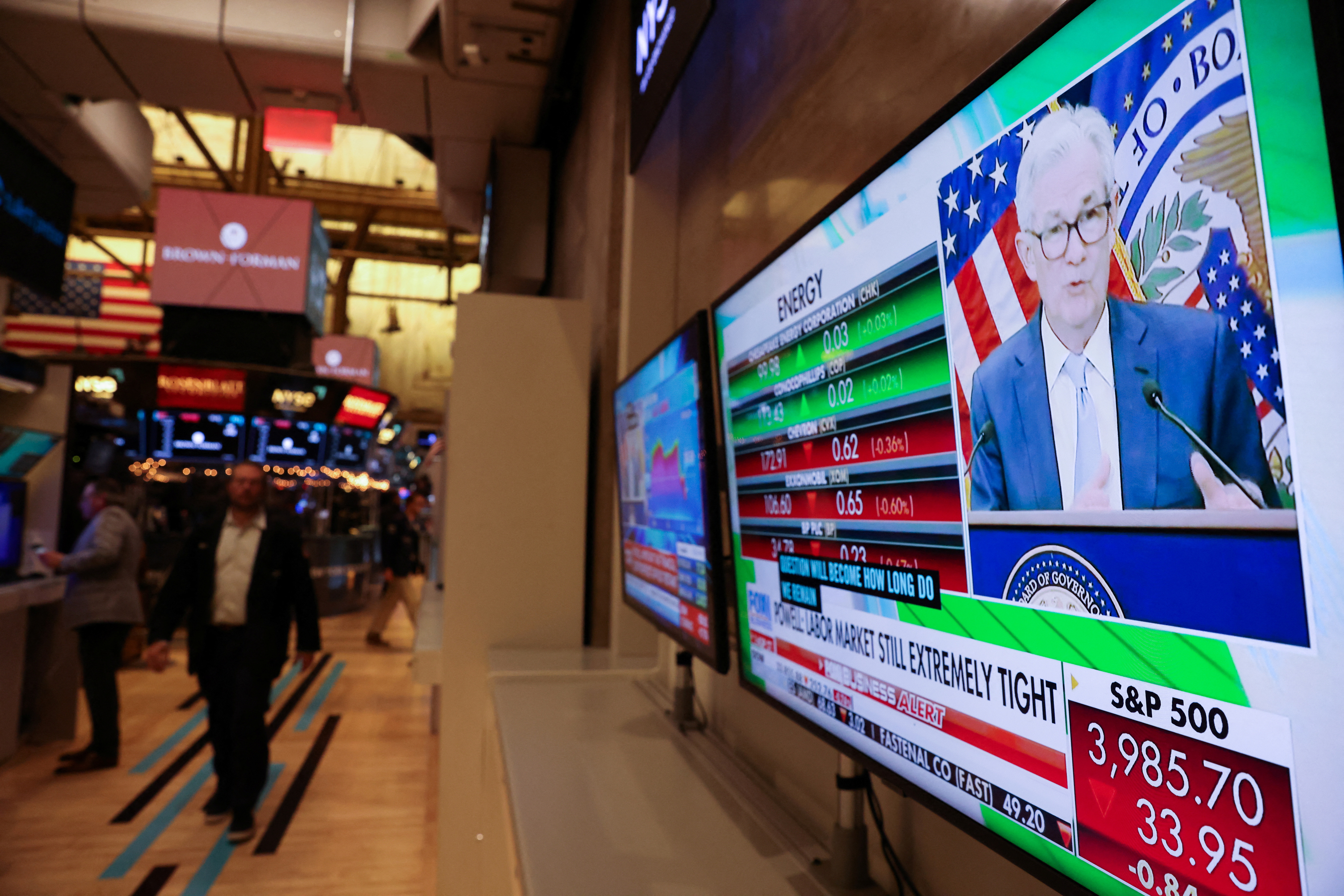 Federal Reserve Chair Jerome Powell interest rate announcement on the trading floor at New York Stock Exchange (NYSE) in New York City