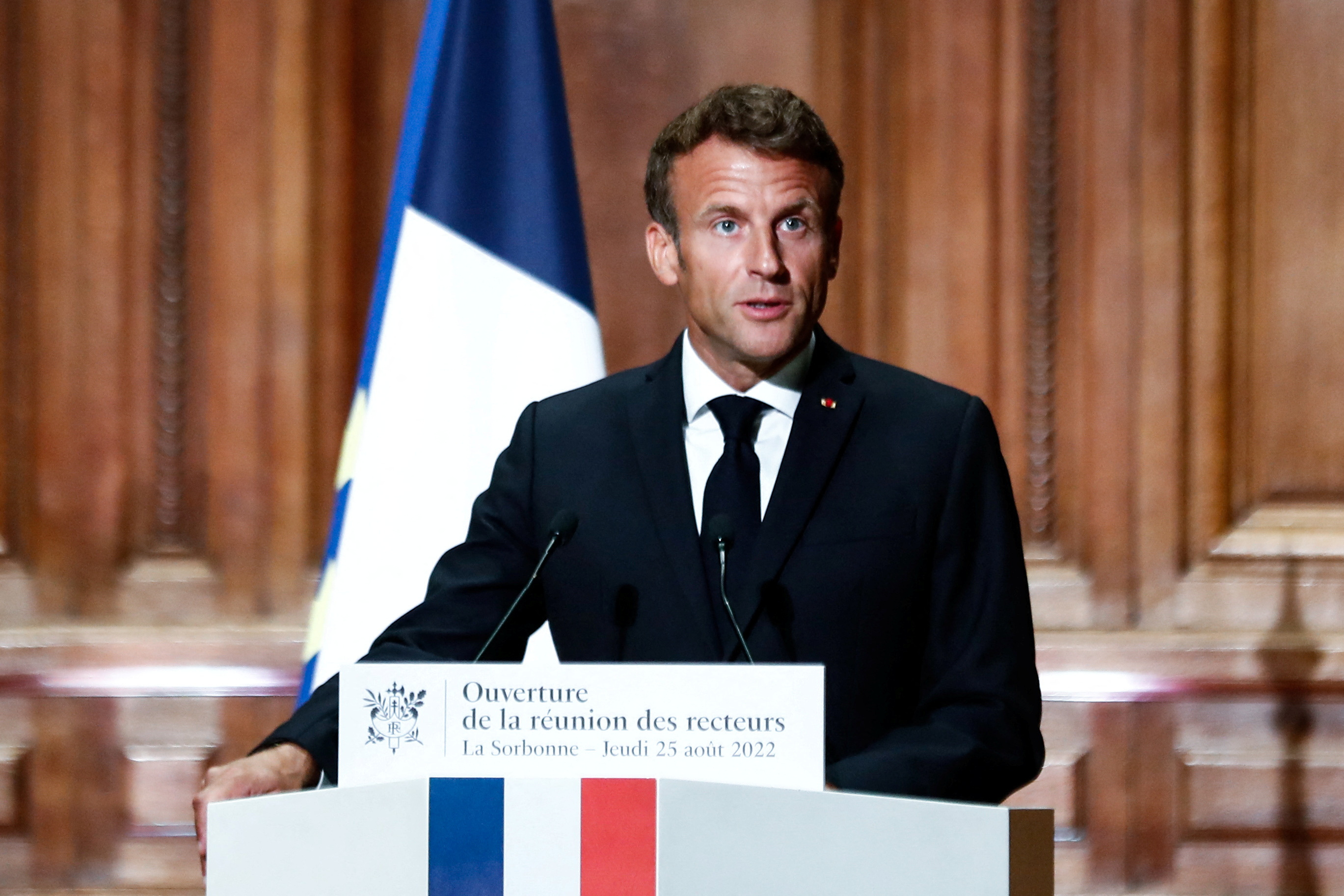 French President Macron attends a meeting on education at the Sorbonne university in Paris