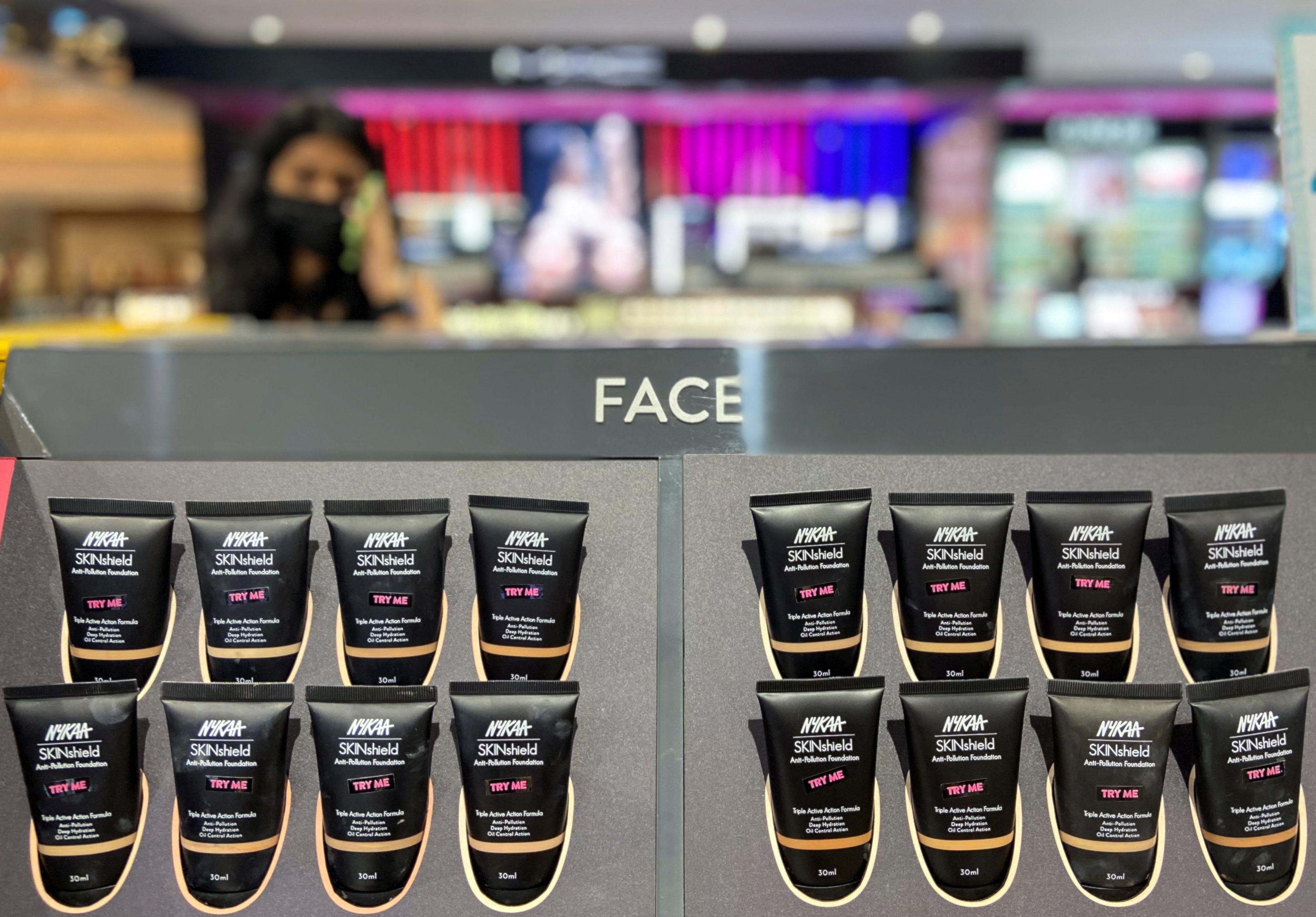 Beauty products by Nykaa, an Indian beauty products retailer, are seen for sale in a store at a mall in New Delhi