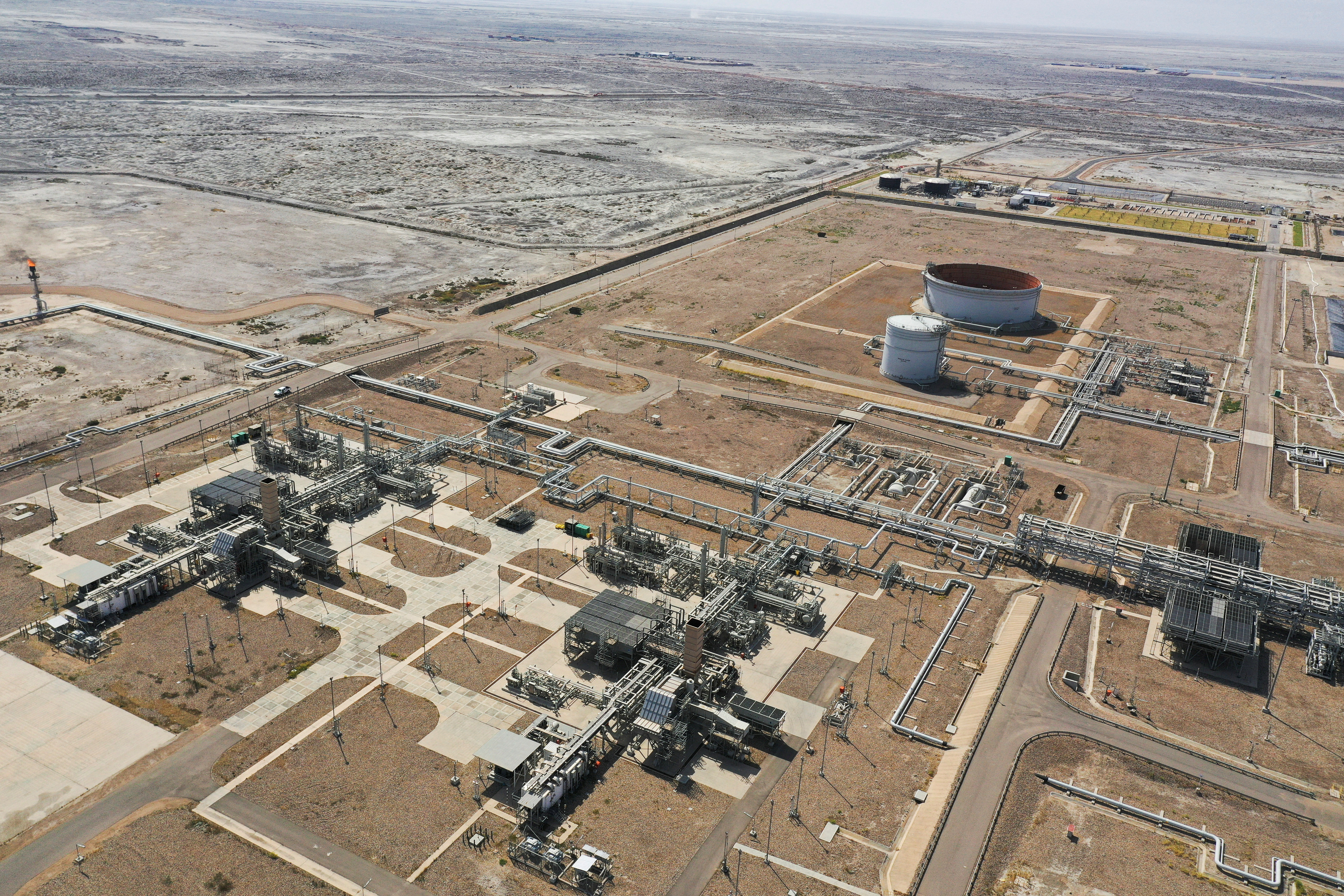 An aerial view shows Majnoon oil field near Basra
