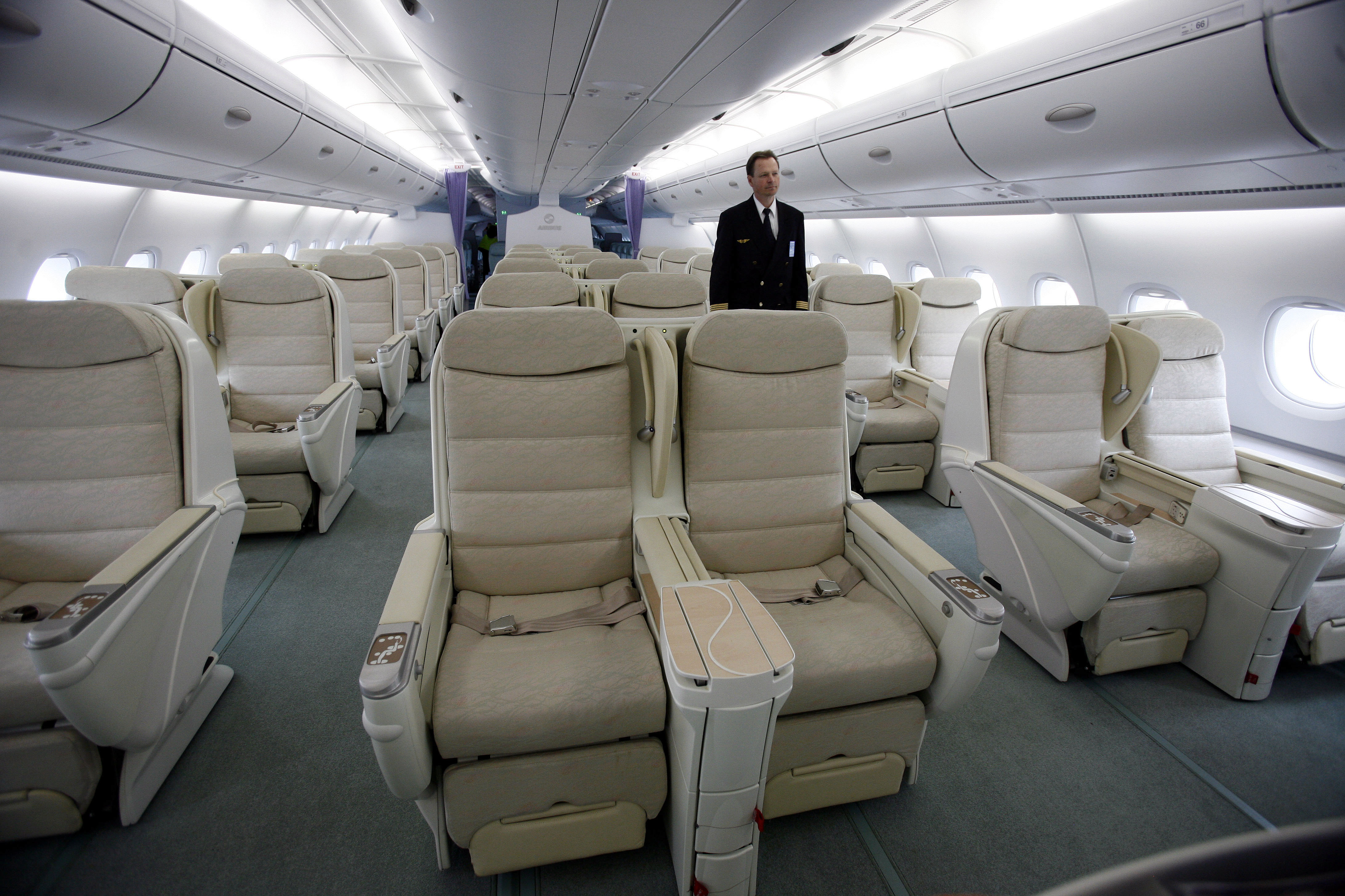 View of business class seating inside the Airbus A380 at JFK International Airport in New York