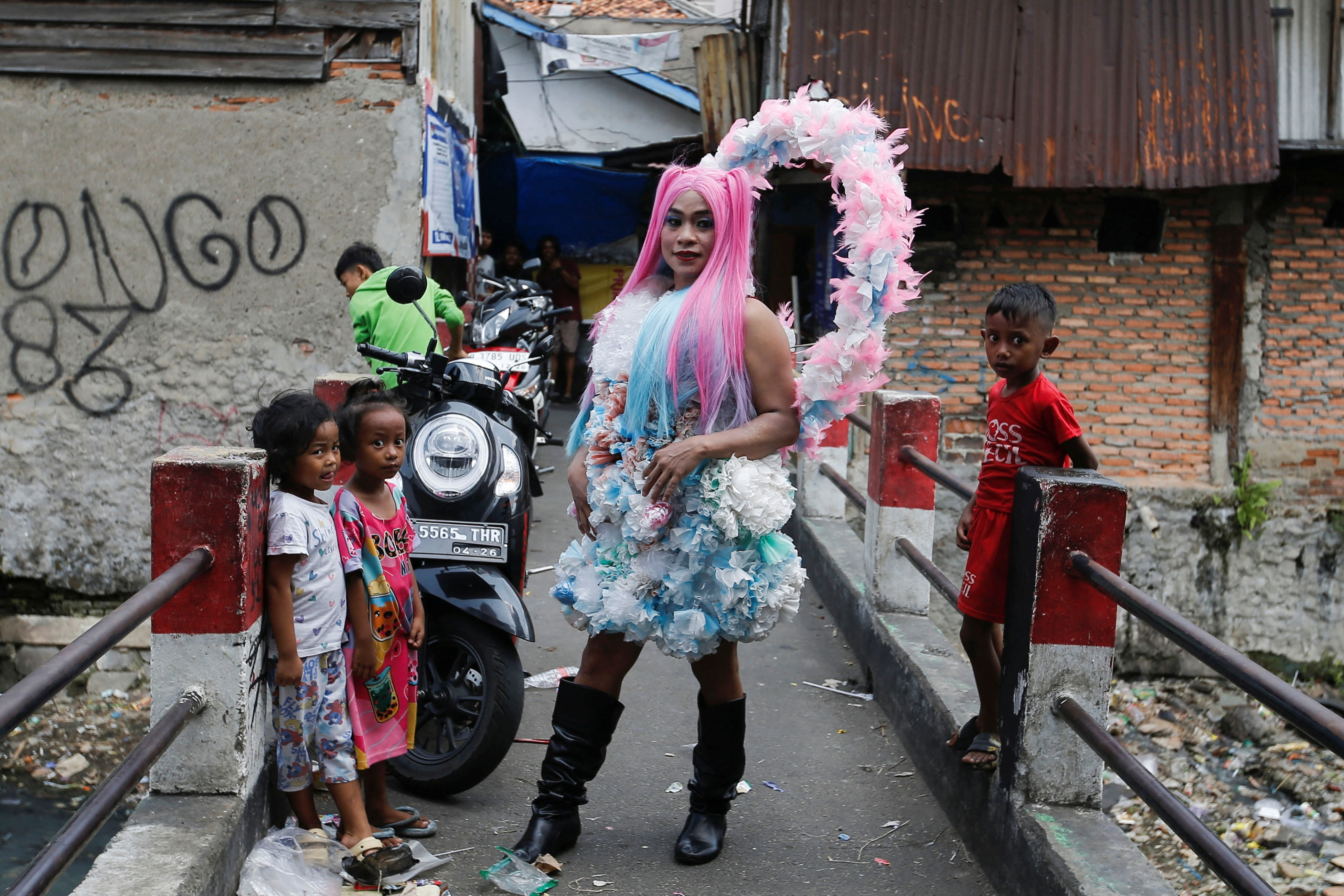 Trans Super Heroes fashion show at a traditional market in Jakarta