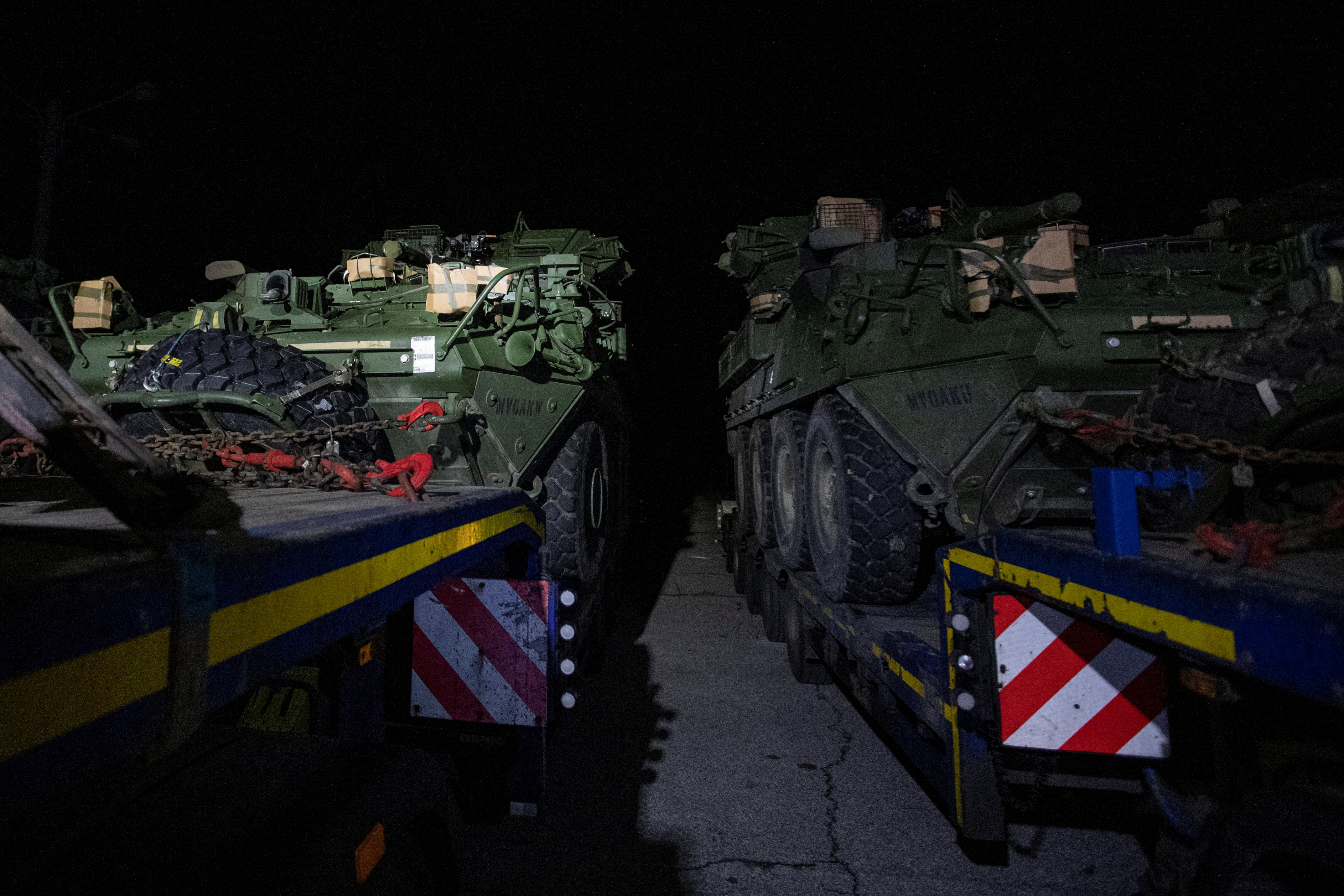 Commercial flatbeds with military payload from the U.S. 2nd Cavalry Regiment reach Romanian customs point in Nadlac