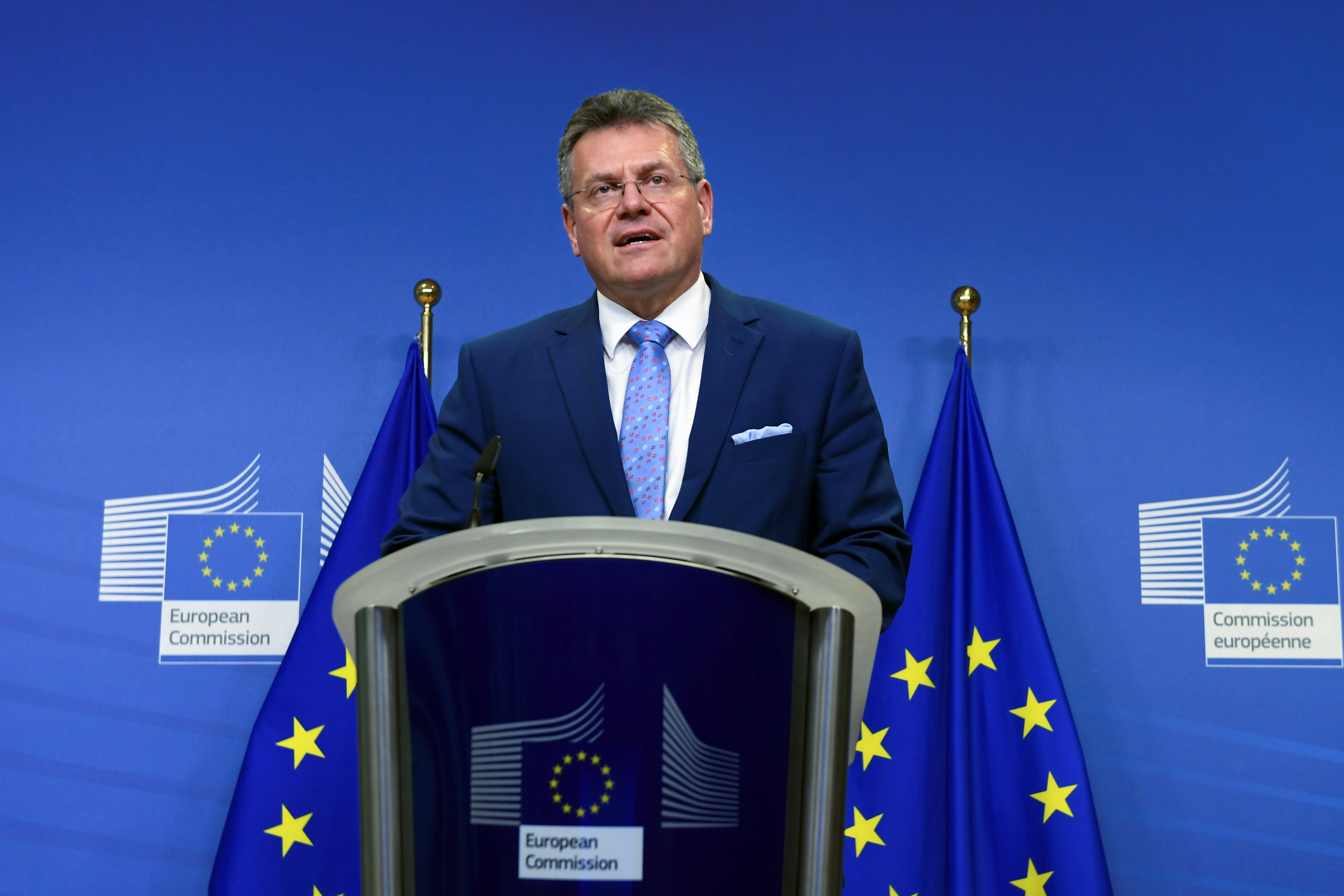 European Commission VP Sefcovic attends video conference after meeting with Switzerland's Foreign Minister Cassis in Brussels