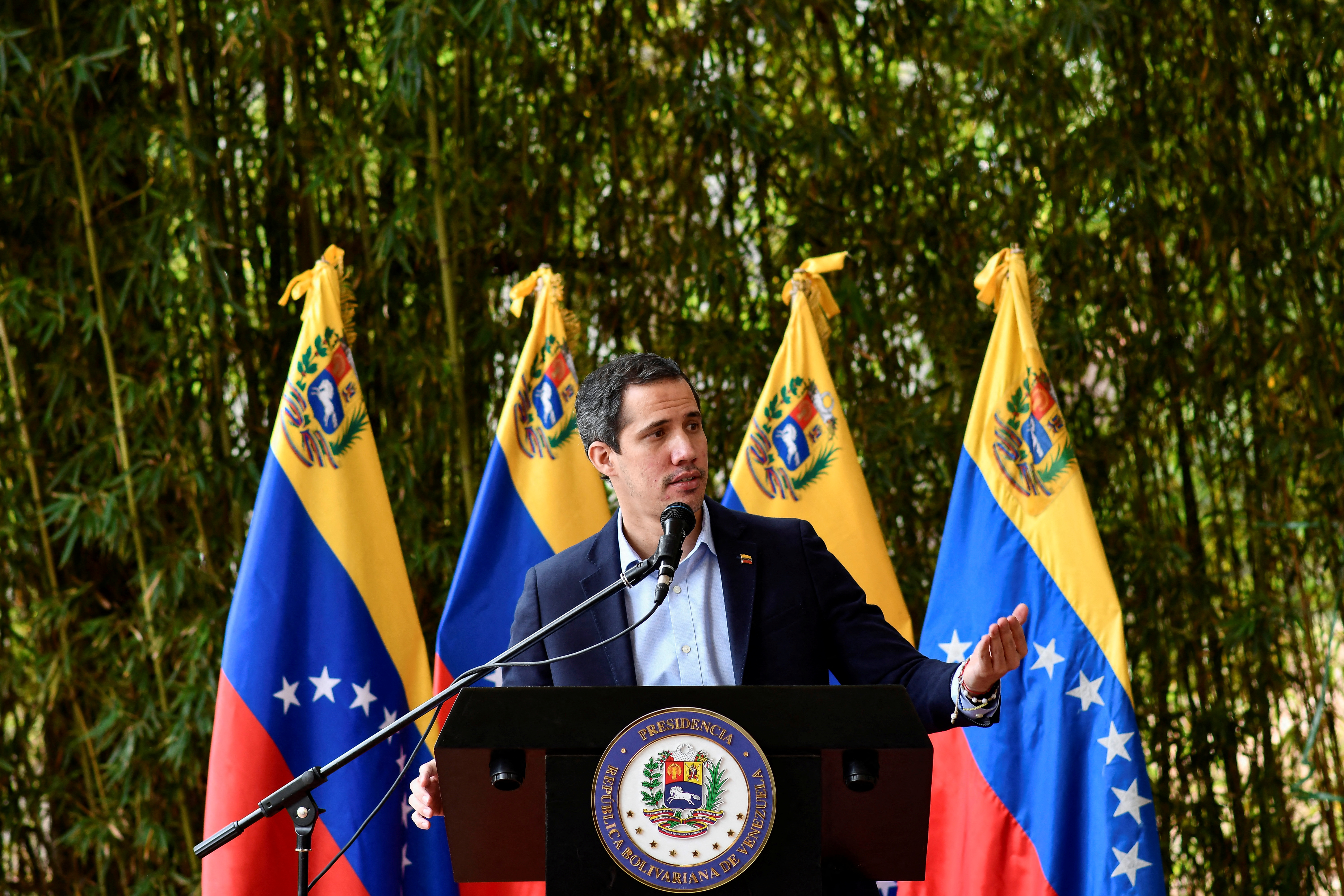 Venezuela's opposition leader Juan Guaido addresses media, in Caracas