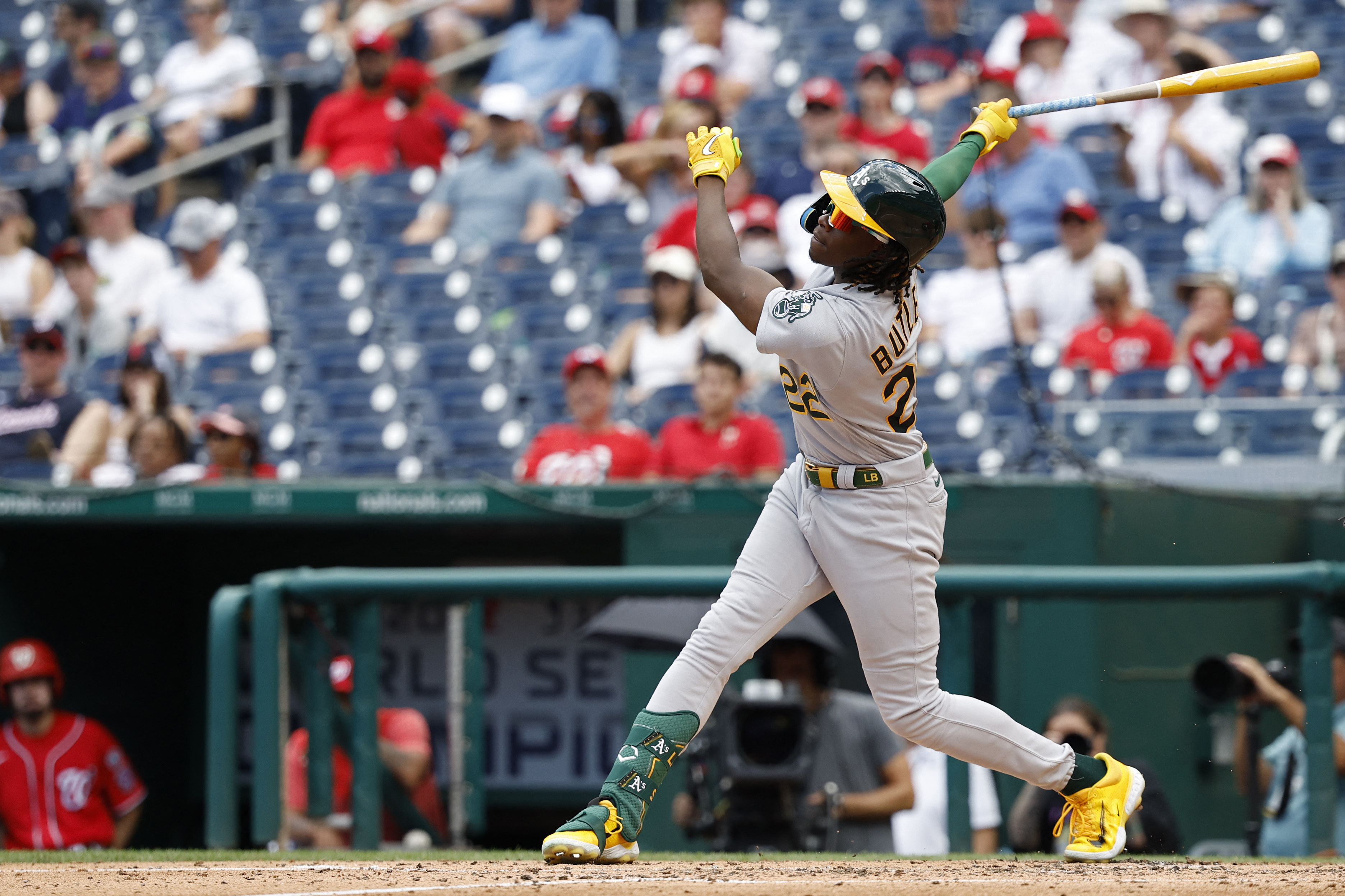 Seattle Mariners' J.P. Crawford holds a trident after hitting a solo home  run against the Oakland Athletics during the ninth inning of a baseball  game Tuesday, Sept. 19, 2023, in Oakland, Calif. (