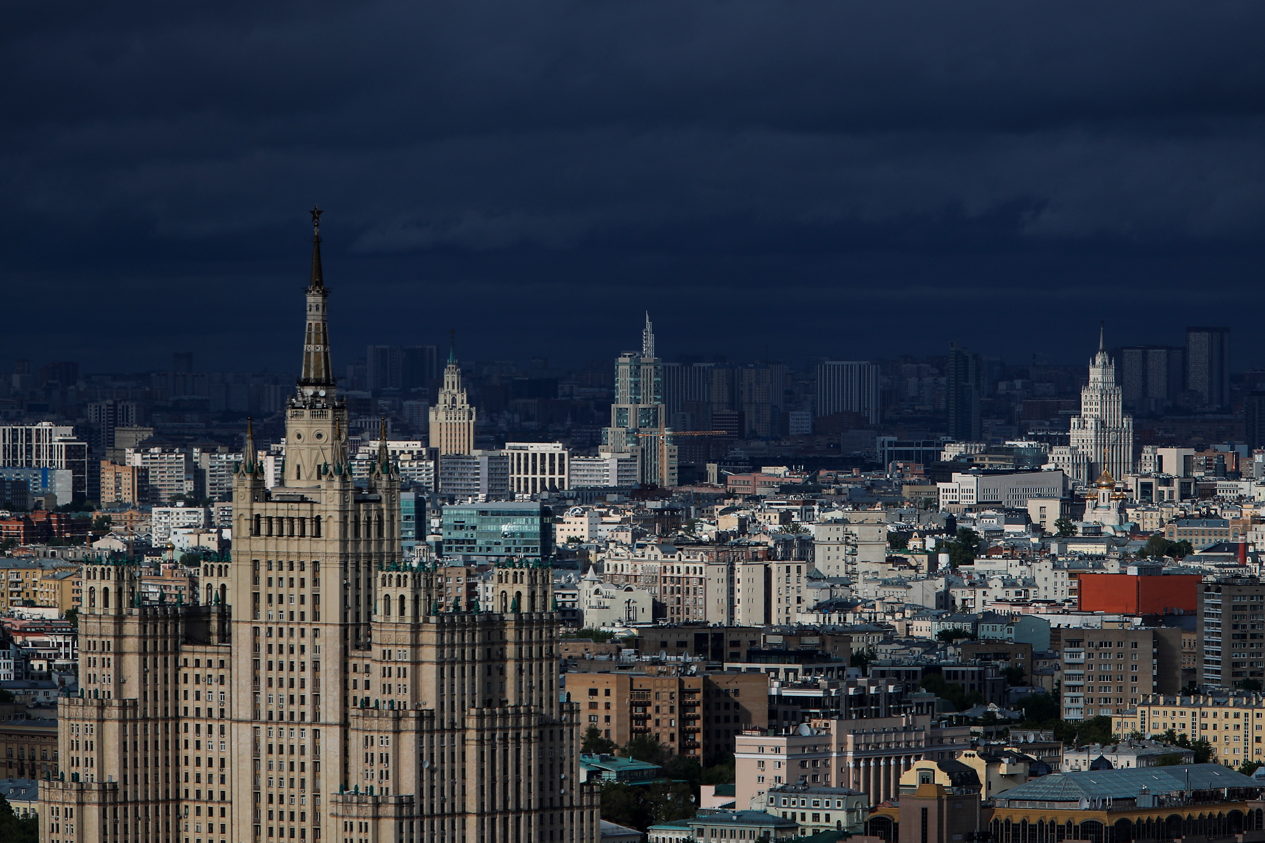 A general view shows the city centre and Stalin-era skyscrapers in Moscow