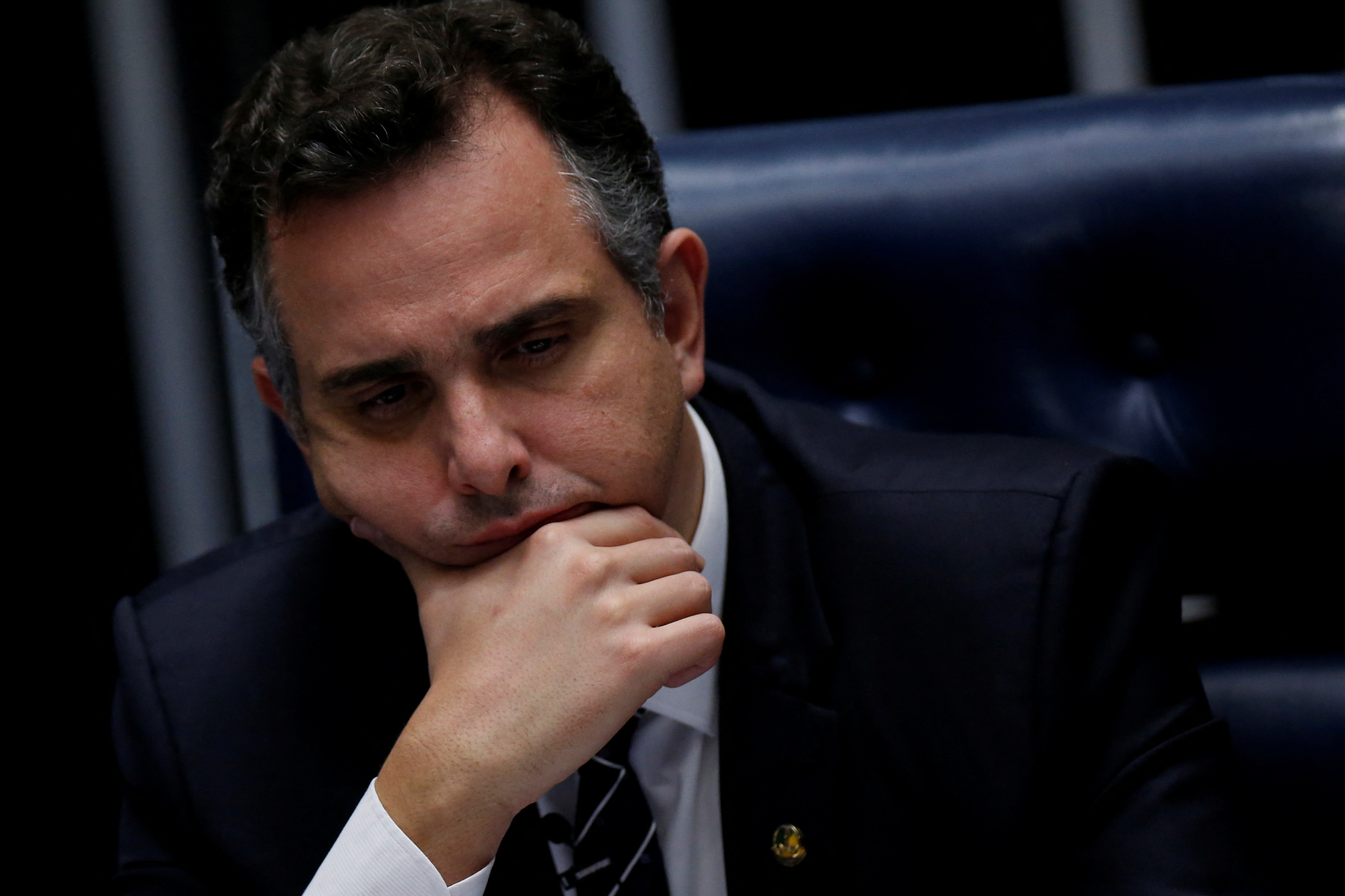 Brazil's Senate President Rodrigo Pacheco looks on during a session of the Federal Senate