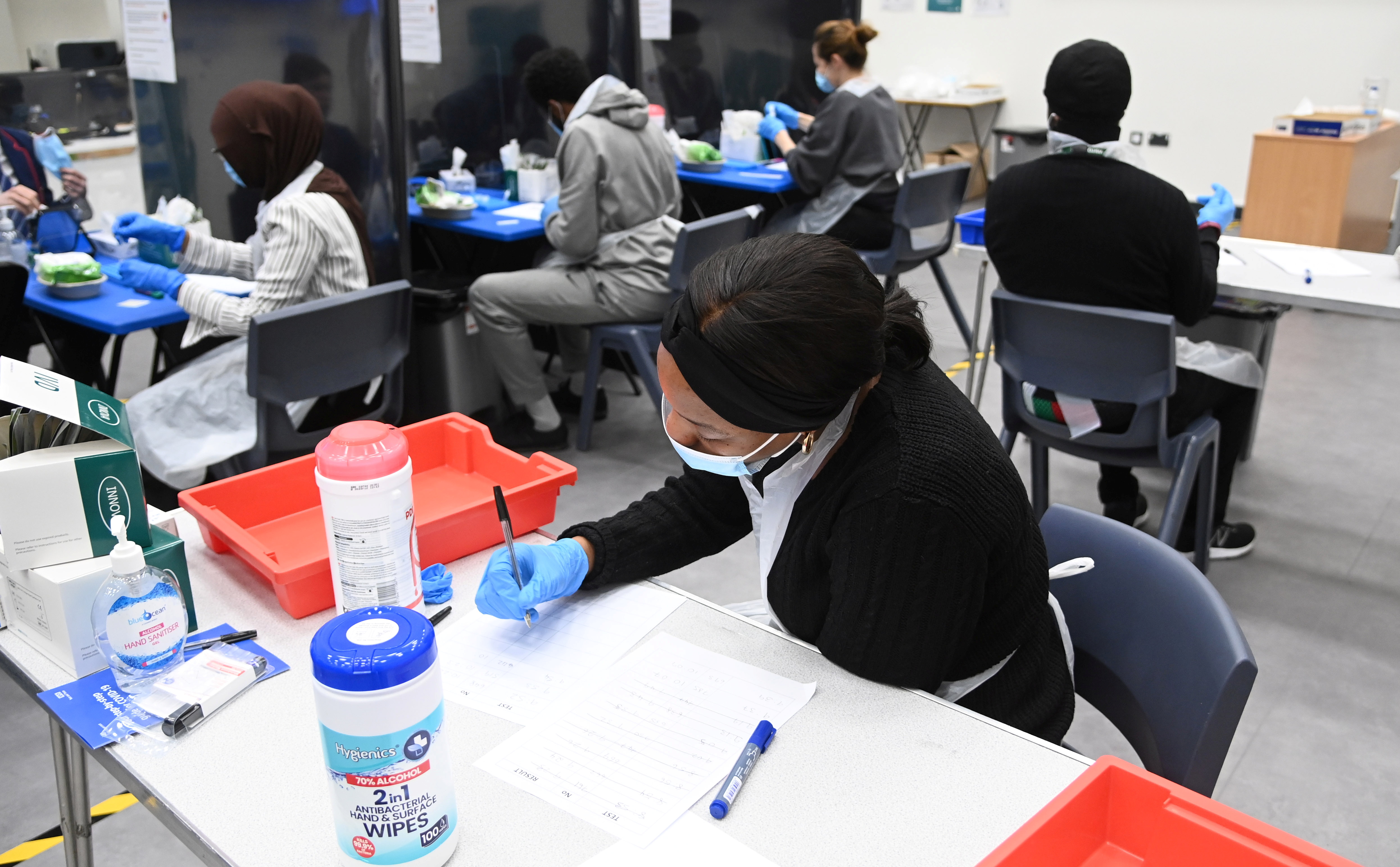 Students take coronavirus disease (COVID-19) tests at Harris Academy Beckenham, ahead of full school reopening in England in Beckenham, south east London