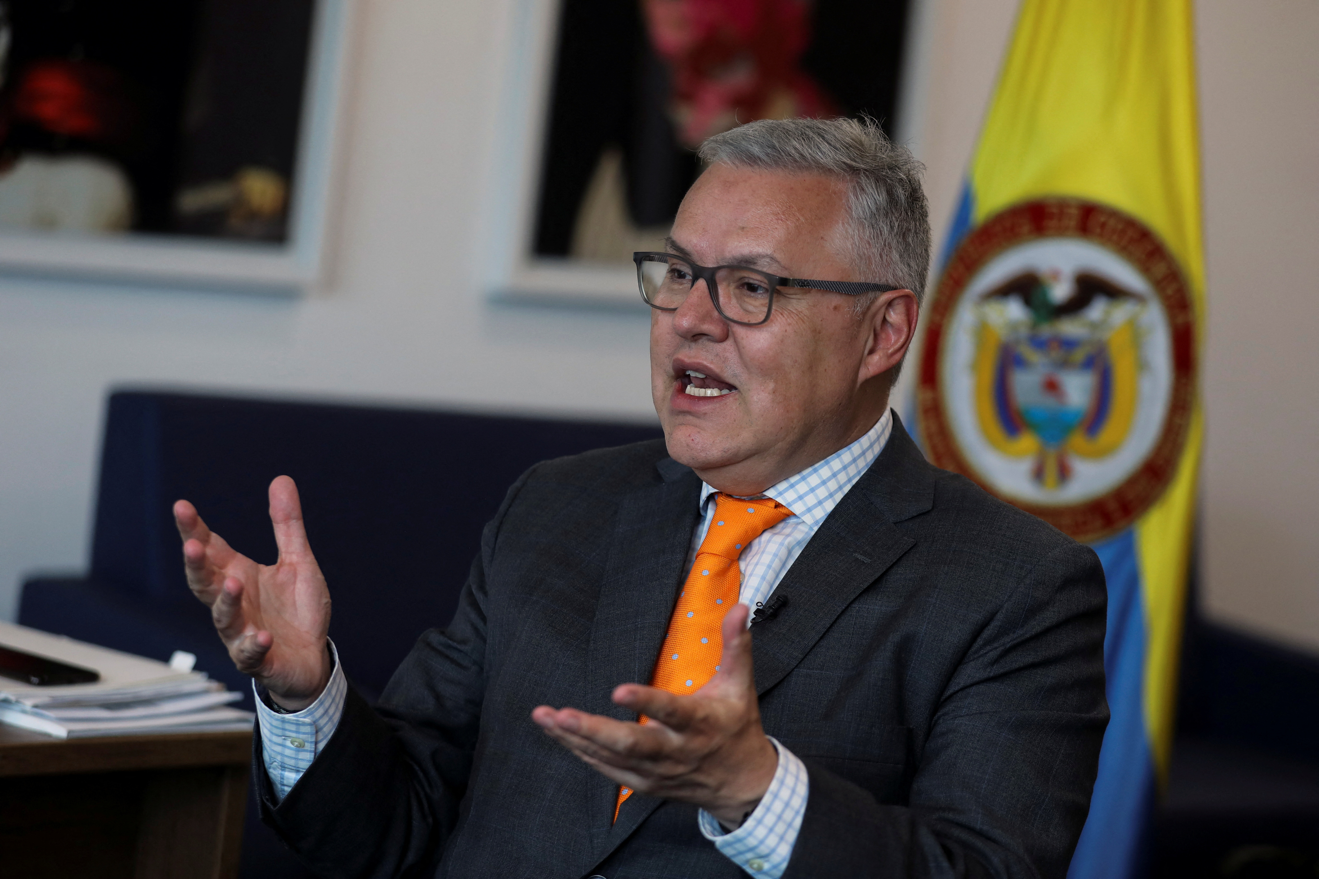 Nestor Osuna, Colombian Minister of Justice speaks during an interview with Reuters in Bogota