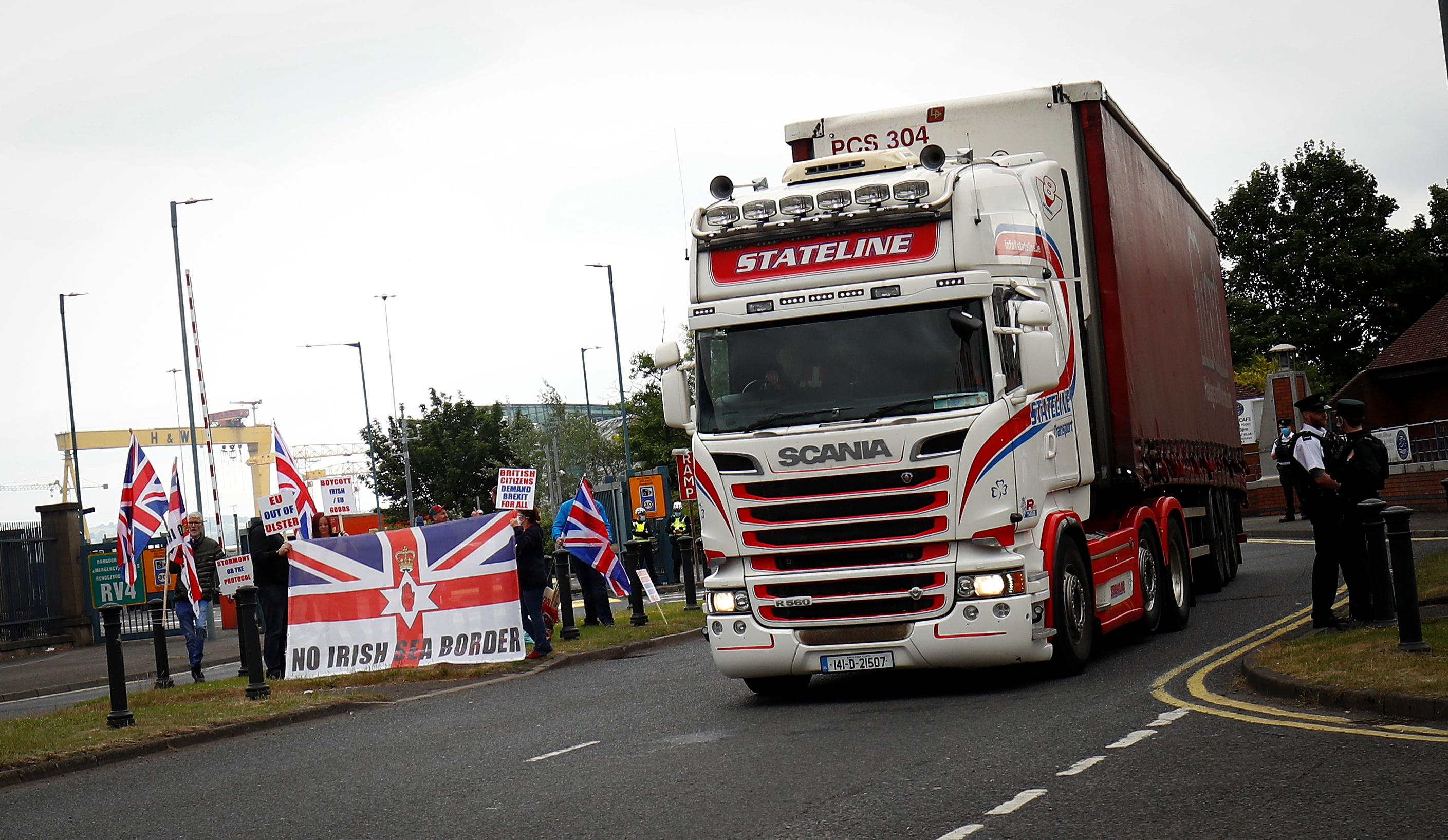 Loyalists protest against the Northern Ireland Brexit protocol at Belfast Harbour Estate