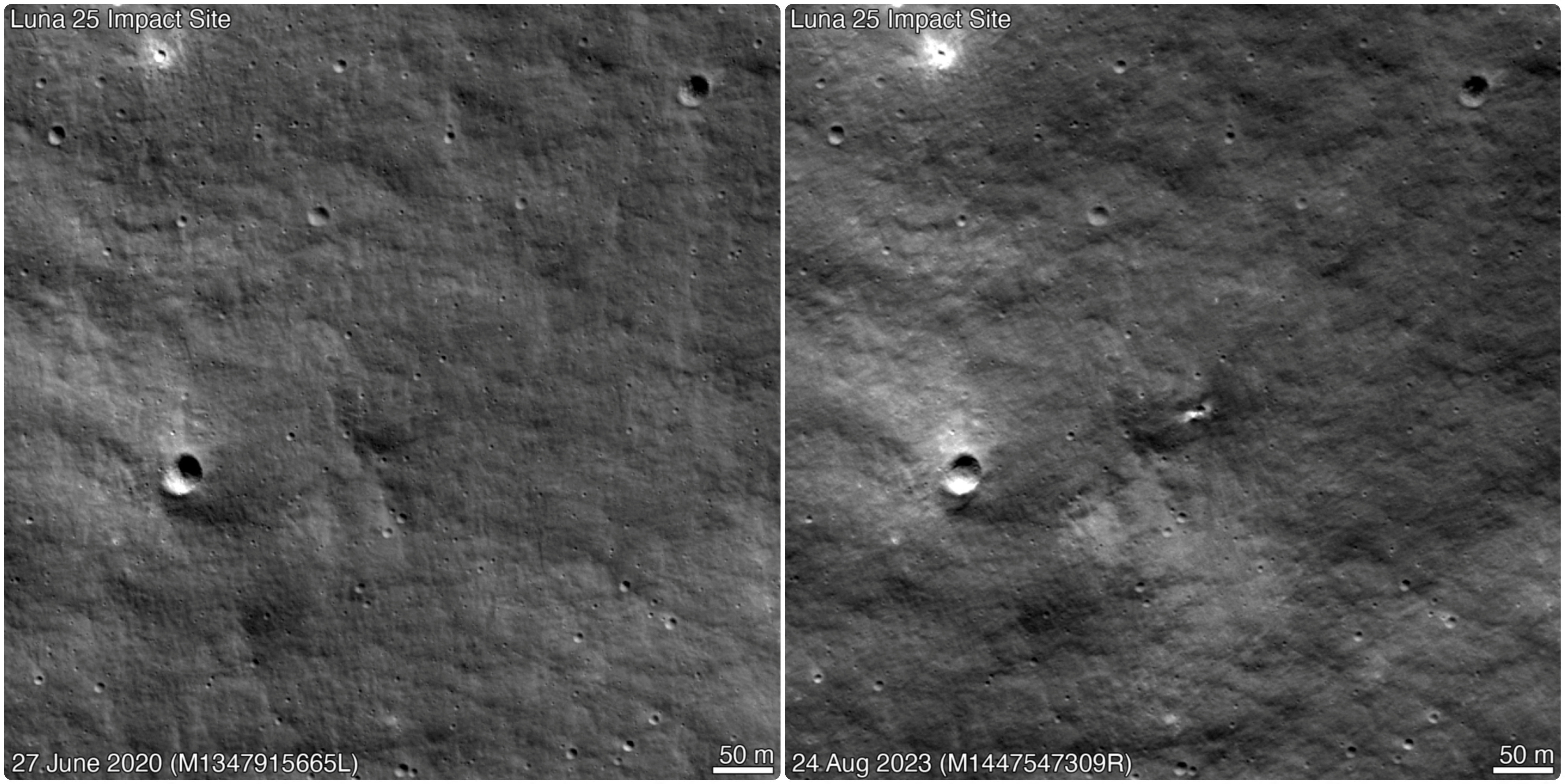 Combination image shows the surface of the moon before and after the appearance of a crater