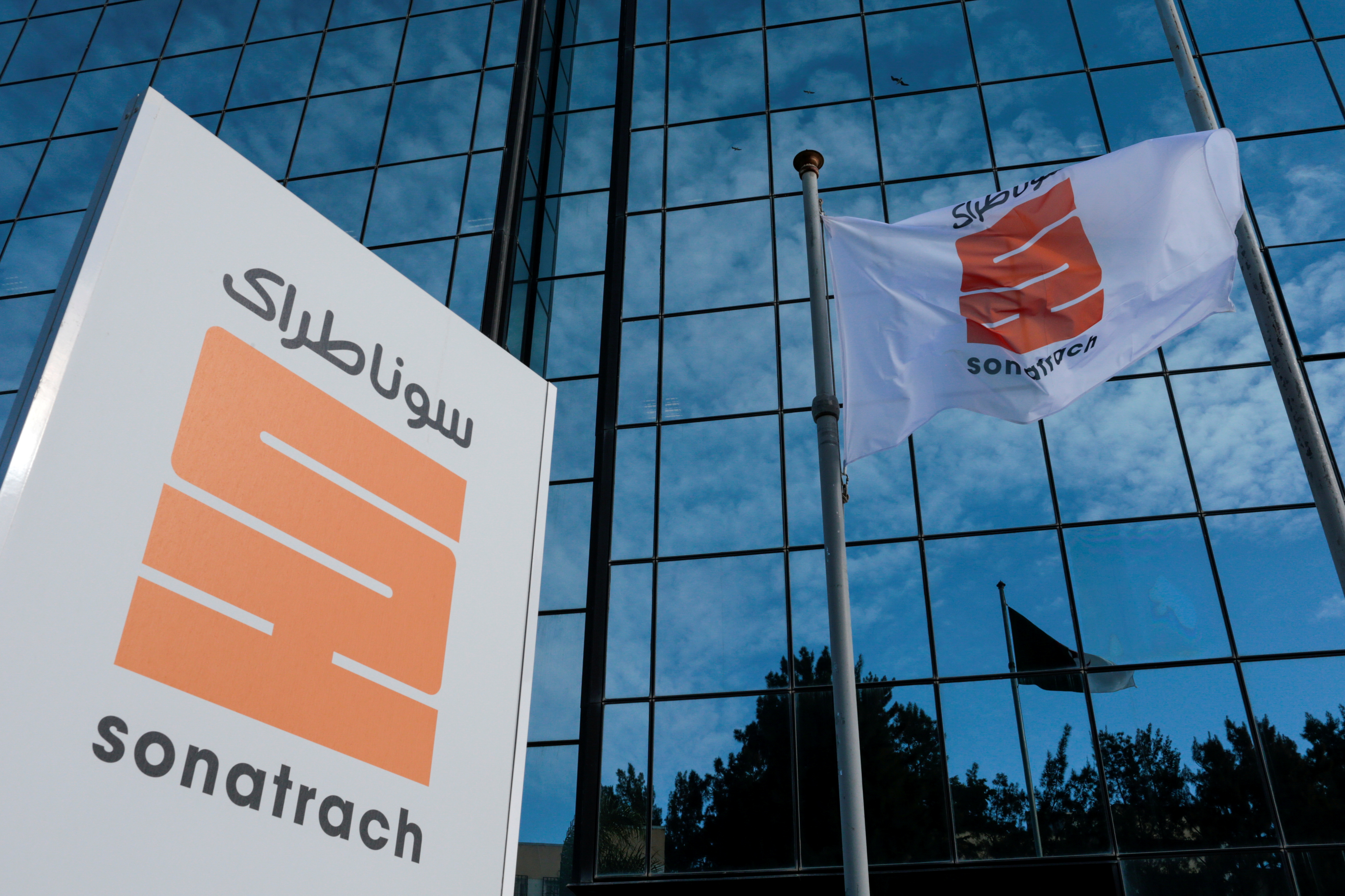 The logo of the state energy company Sonatrach is pictured at the headquarters in Algiers
