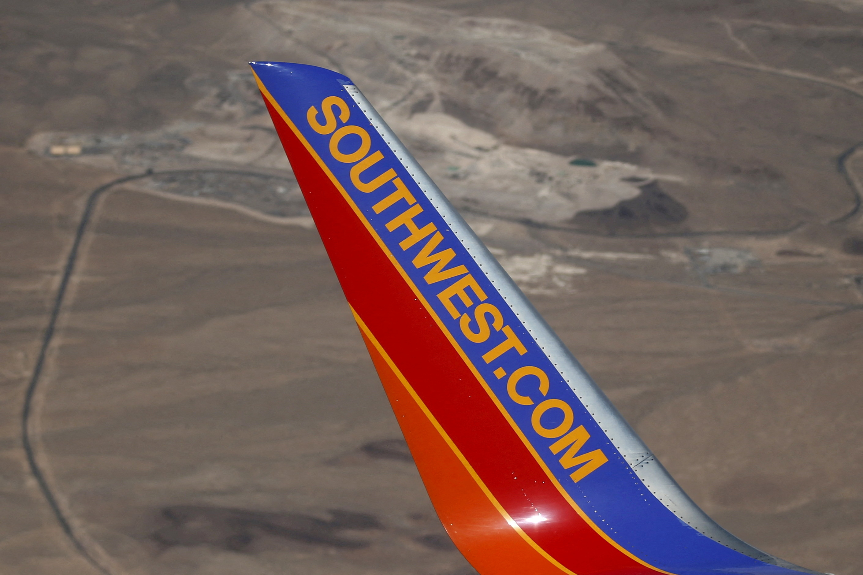 A Southwest Airlines plane flies over Nevada