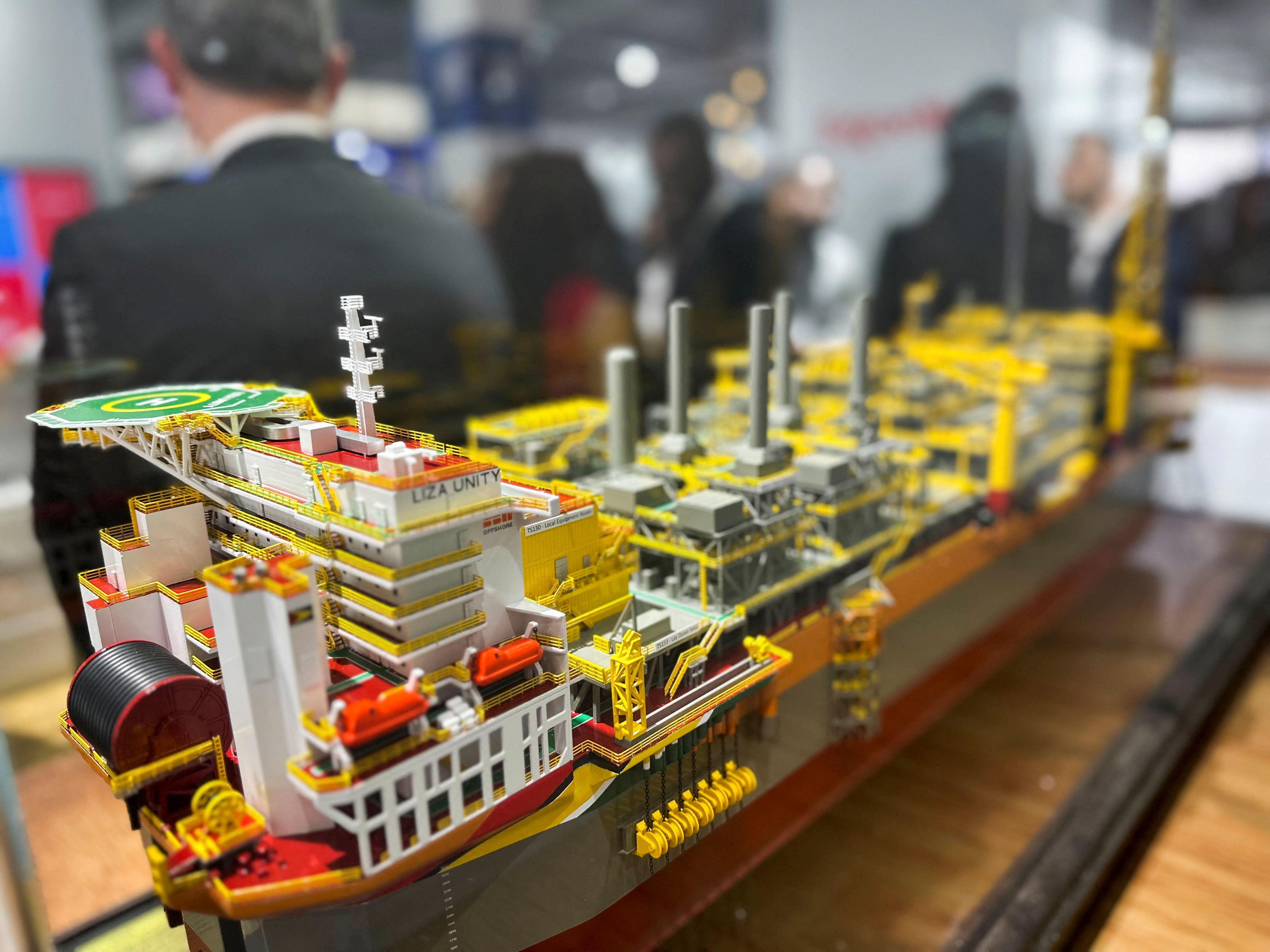 A replica of Exxon's Liza Unity production vessel is seen in the company's booth at Guyana Energy Conference and Expo in Georgetown