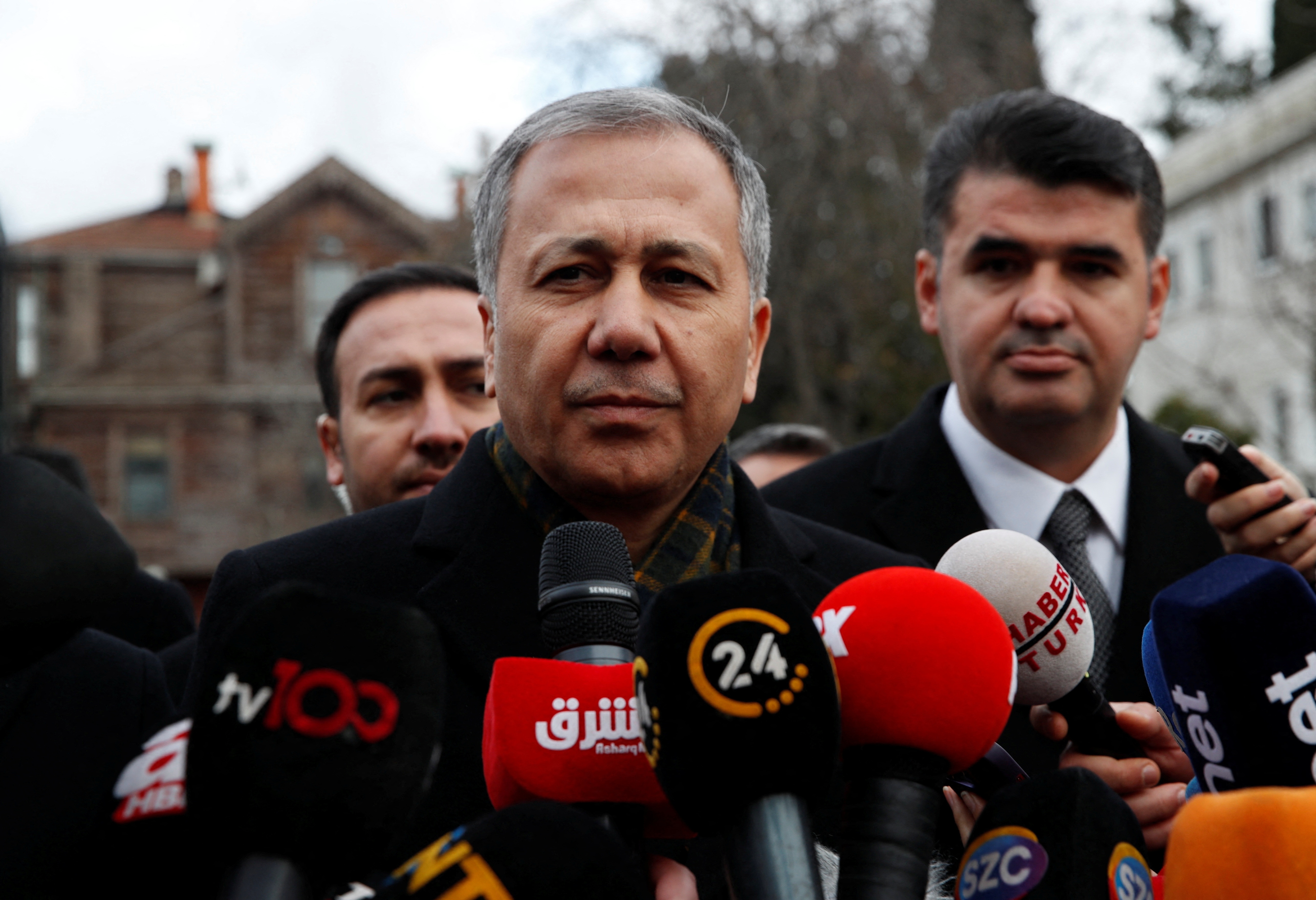 Turkish Interior Minister Ali Yerlikaya talks to the media after visiting the Italian Santa Maria Catholic Church in Istanbul