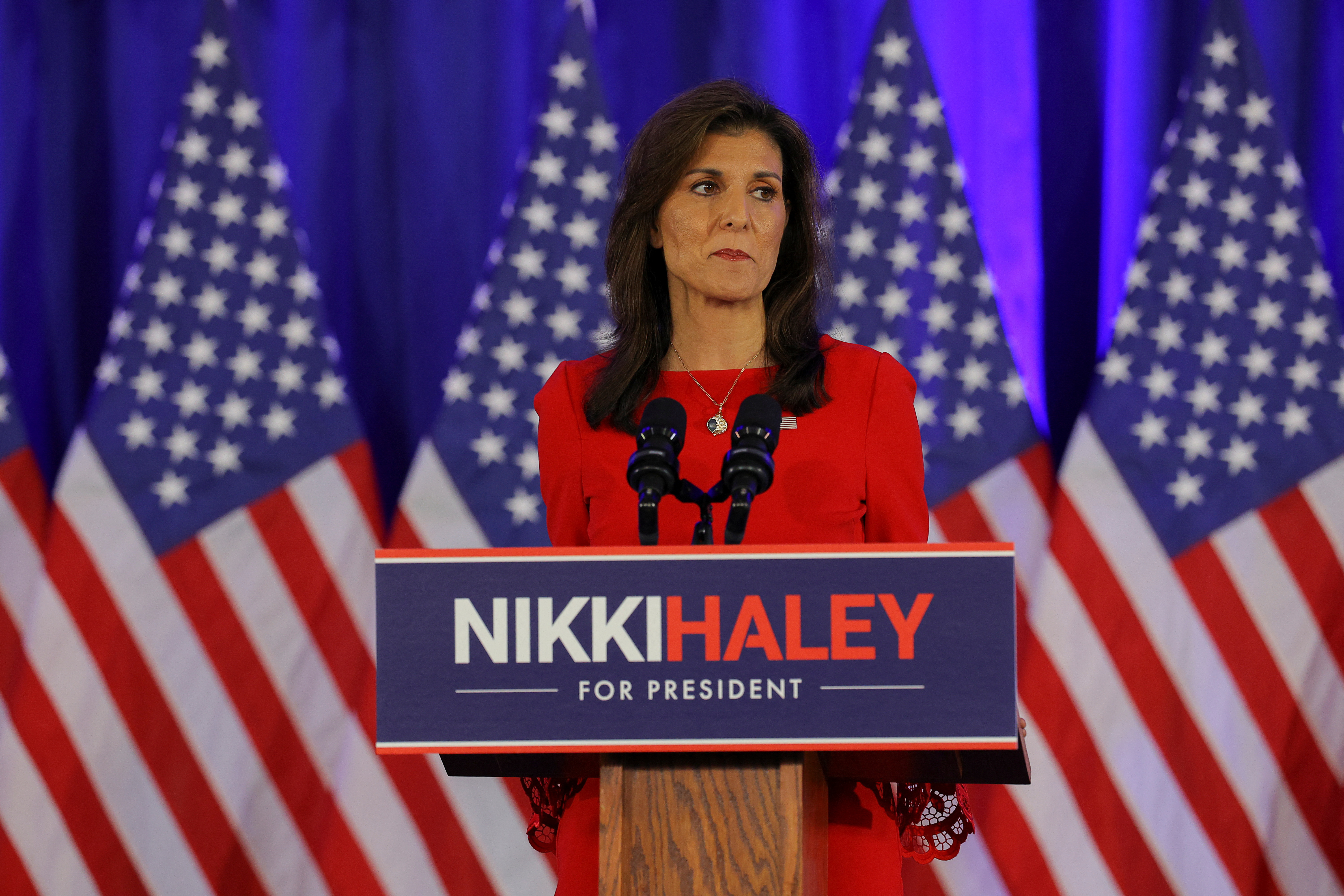 Republican presidential candidate Nikki Haley announces the suspension of her campaign, in Charleston