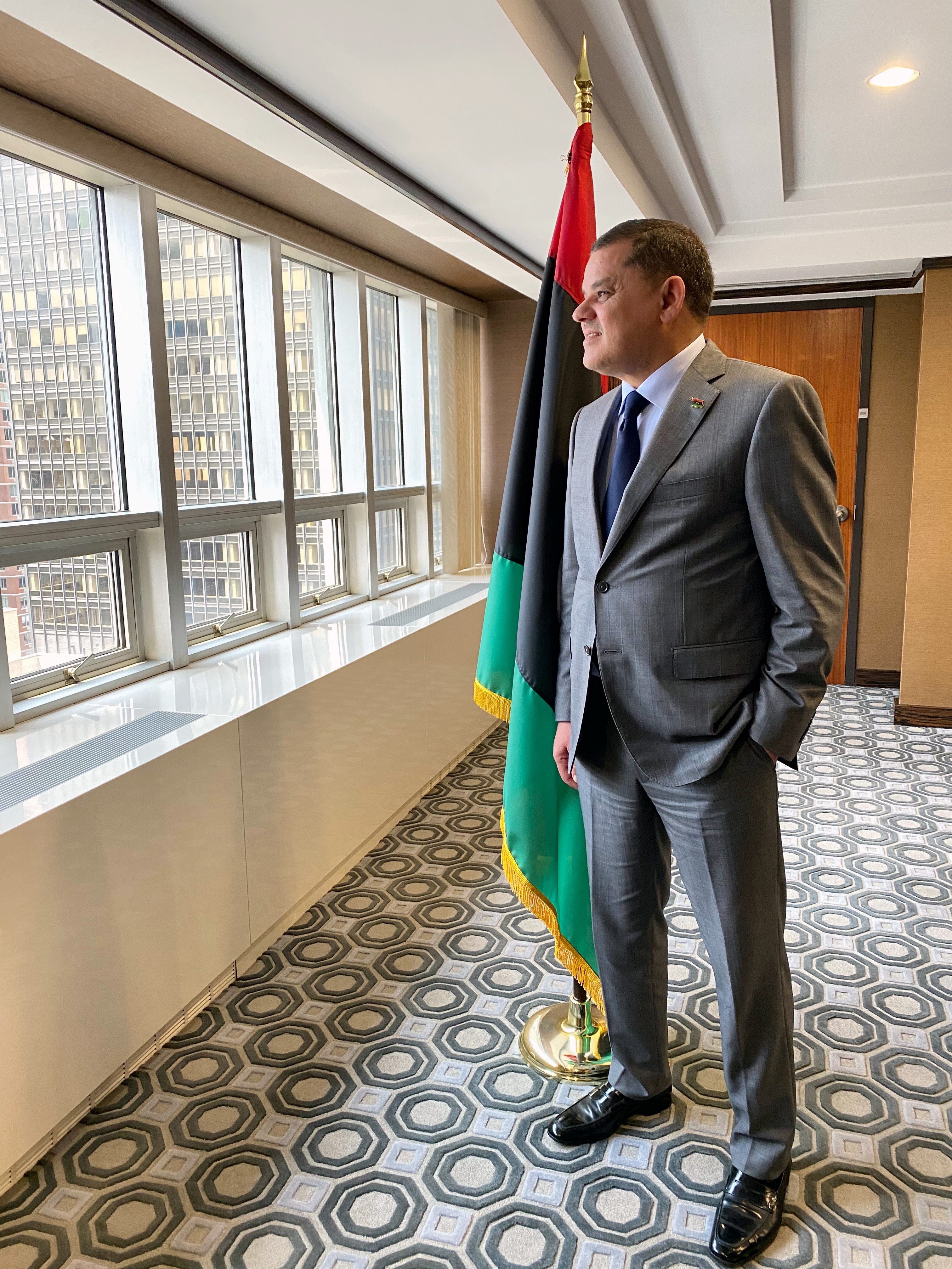 Libya's unity government Prime Minister Abdulhamid Dbeibah looks on at Libya's mission to the United Nations in New York
