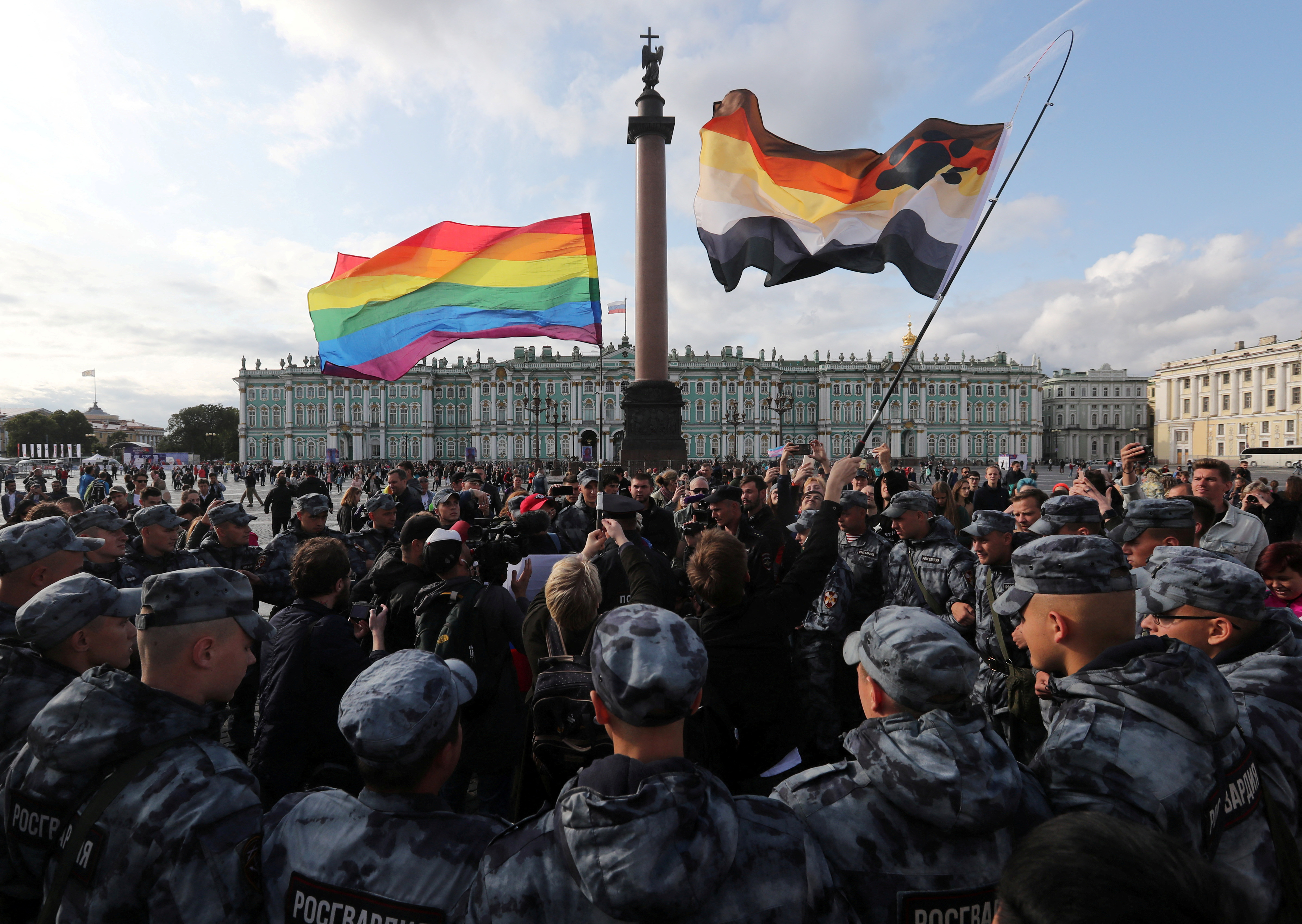 Law enforcement officers block participants of the LGBT community rally "X St.Petersburg Pride" in Saint Petersburg