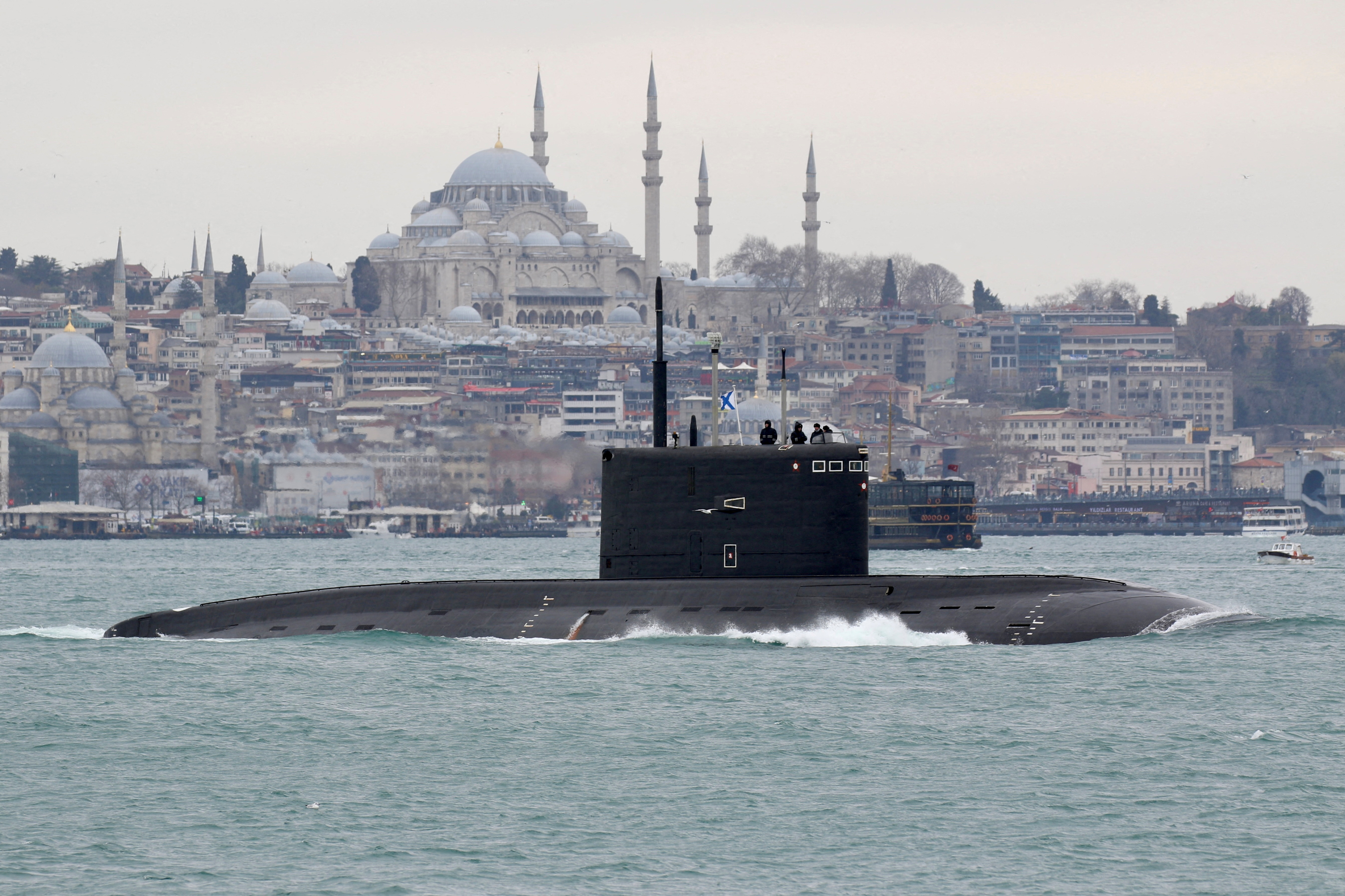 Russian Navy's diesel-electric submarine Rostov-on-Don sets sail in Istanbul's Bosphorus