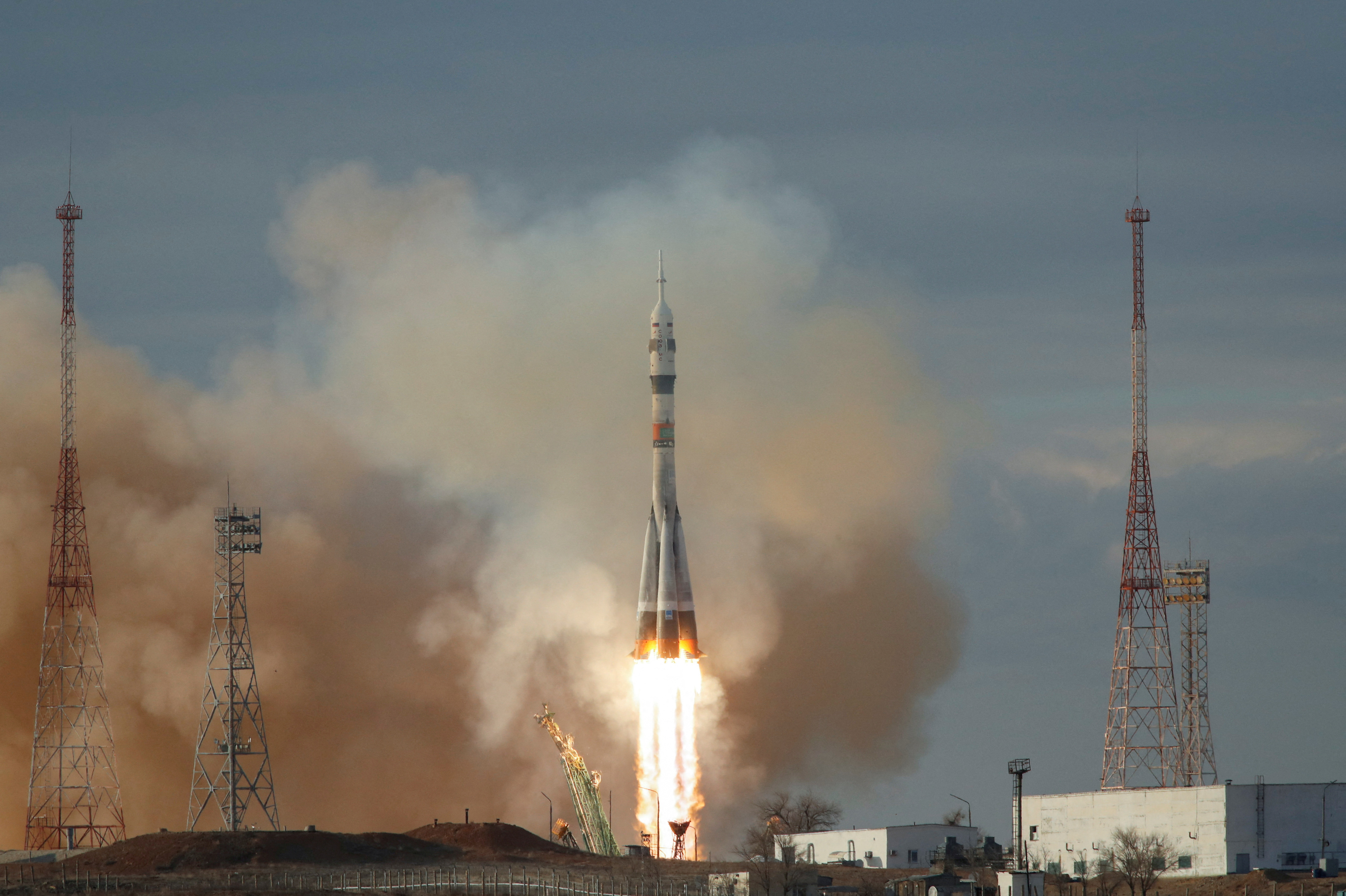 The Soyuz MS-25 spacecraft blasts off to the International Space Station (ISS) from the launchpad at the Baikonur Cosmodrome