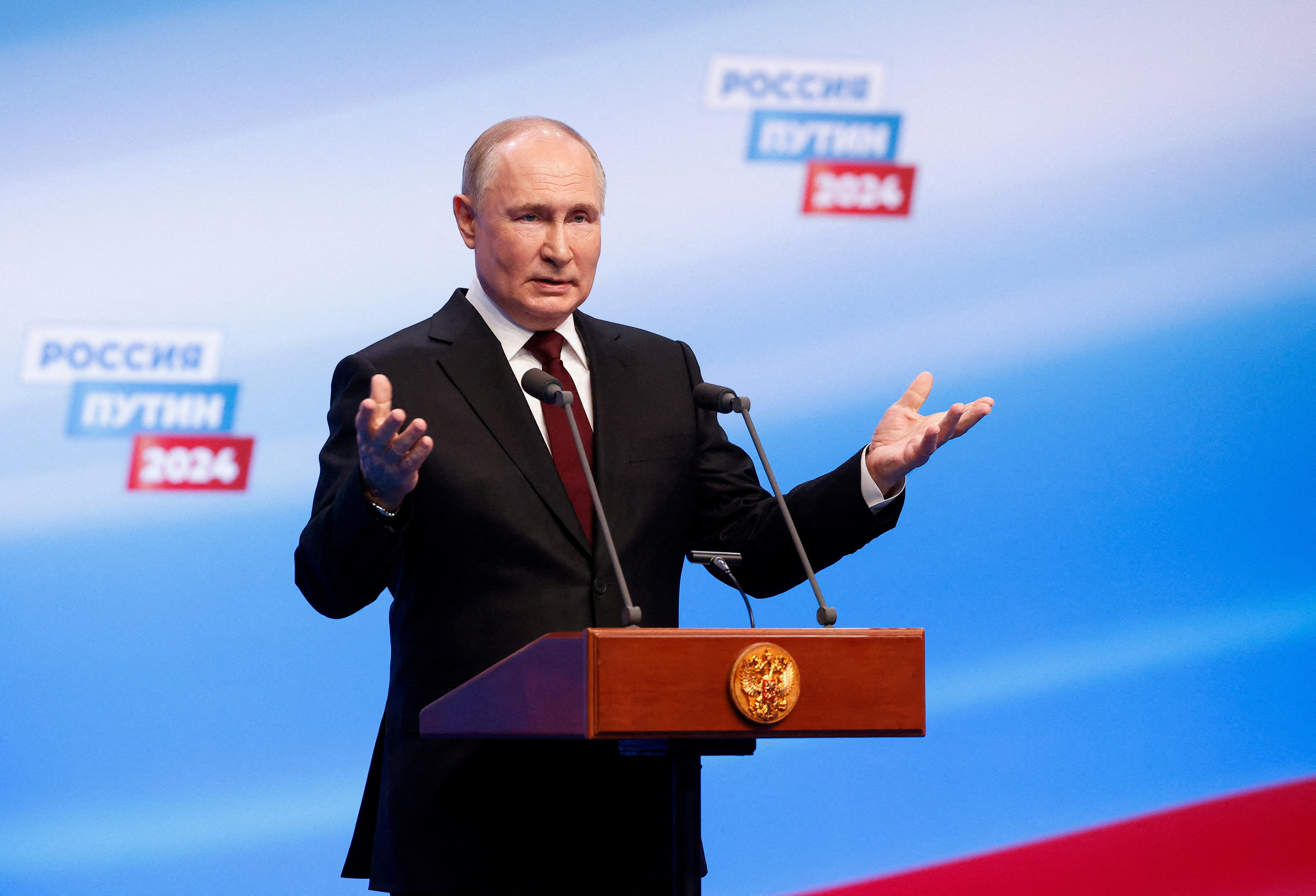 Vladimir Putin speaks at his election campaign headquarters in Moscow, March 17, 2024. REUTERS/Maxim Shemetov