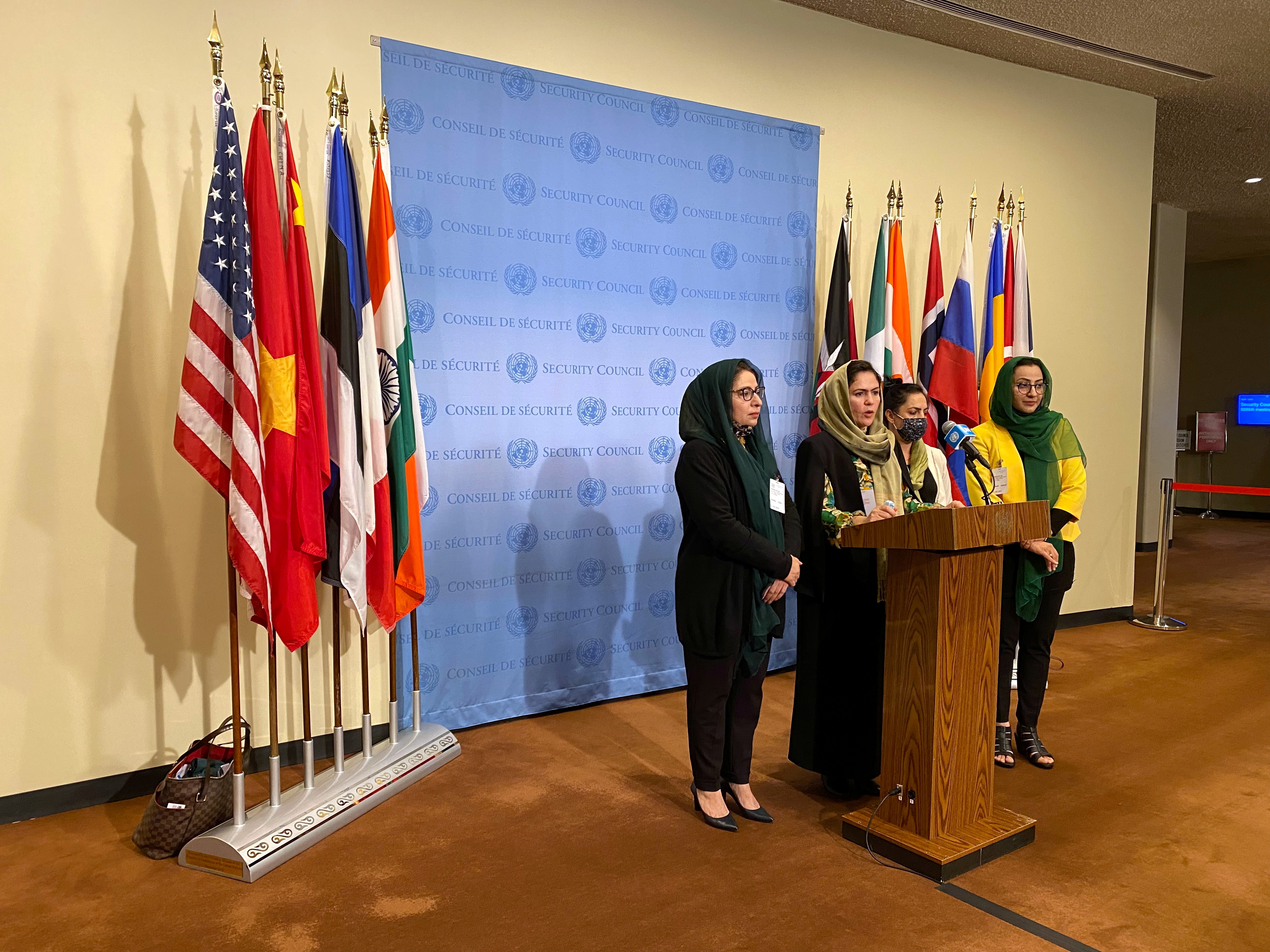 Left to right: Former Afghan diplomat Asila Wardak, former Afghan politician and peace negotiator Fawzia Koofi, Afghan journalist Anisa Shaheed and former Afghan politician, Naheed Fareed speak to reporters outside the U.N. Security Council, in New York, U.S. October 21, 2021. REUTERS/Michelle Nichols