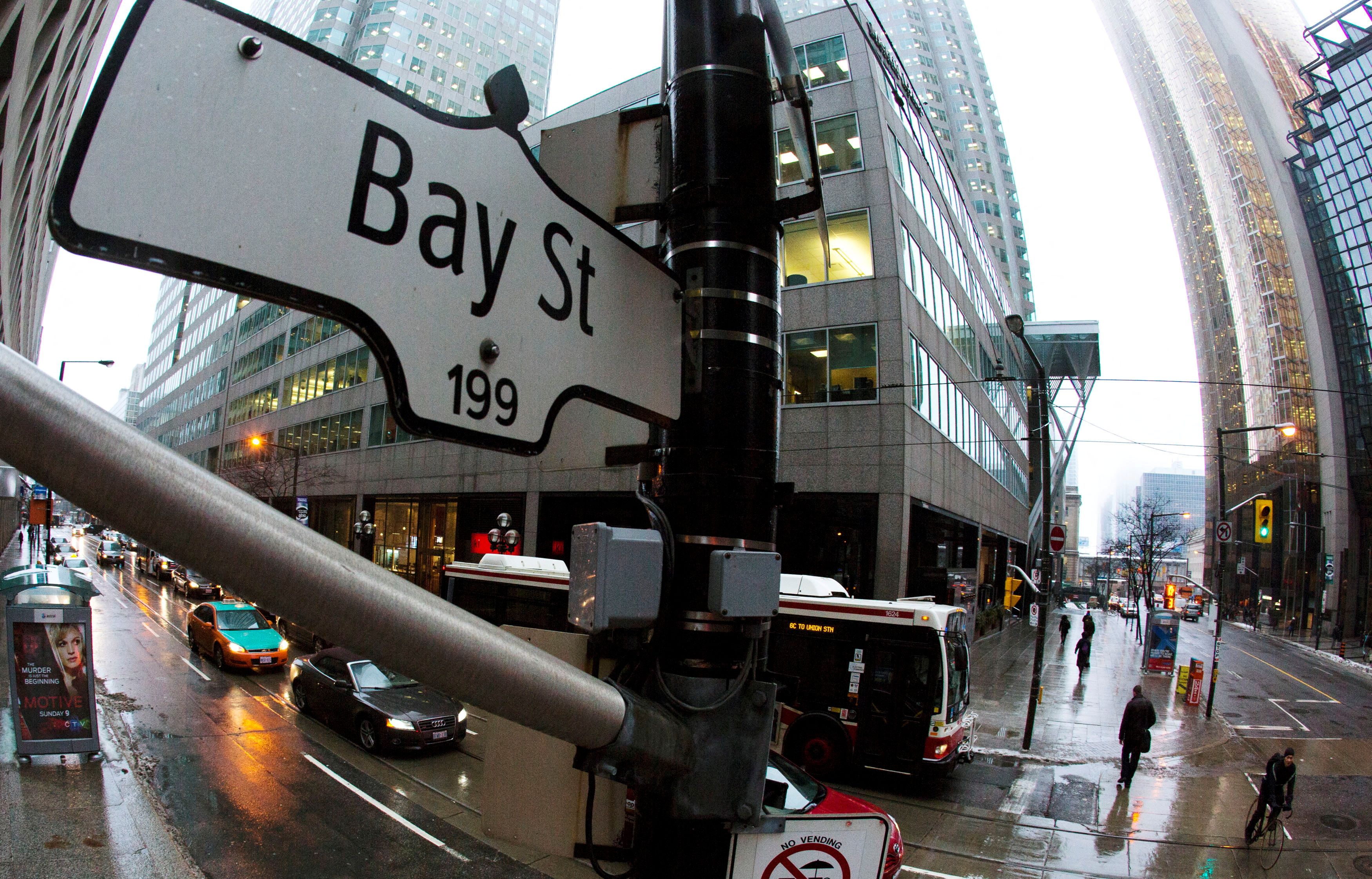 A Bay Street sign, the main street in the financial district is seen in Toronto