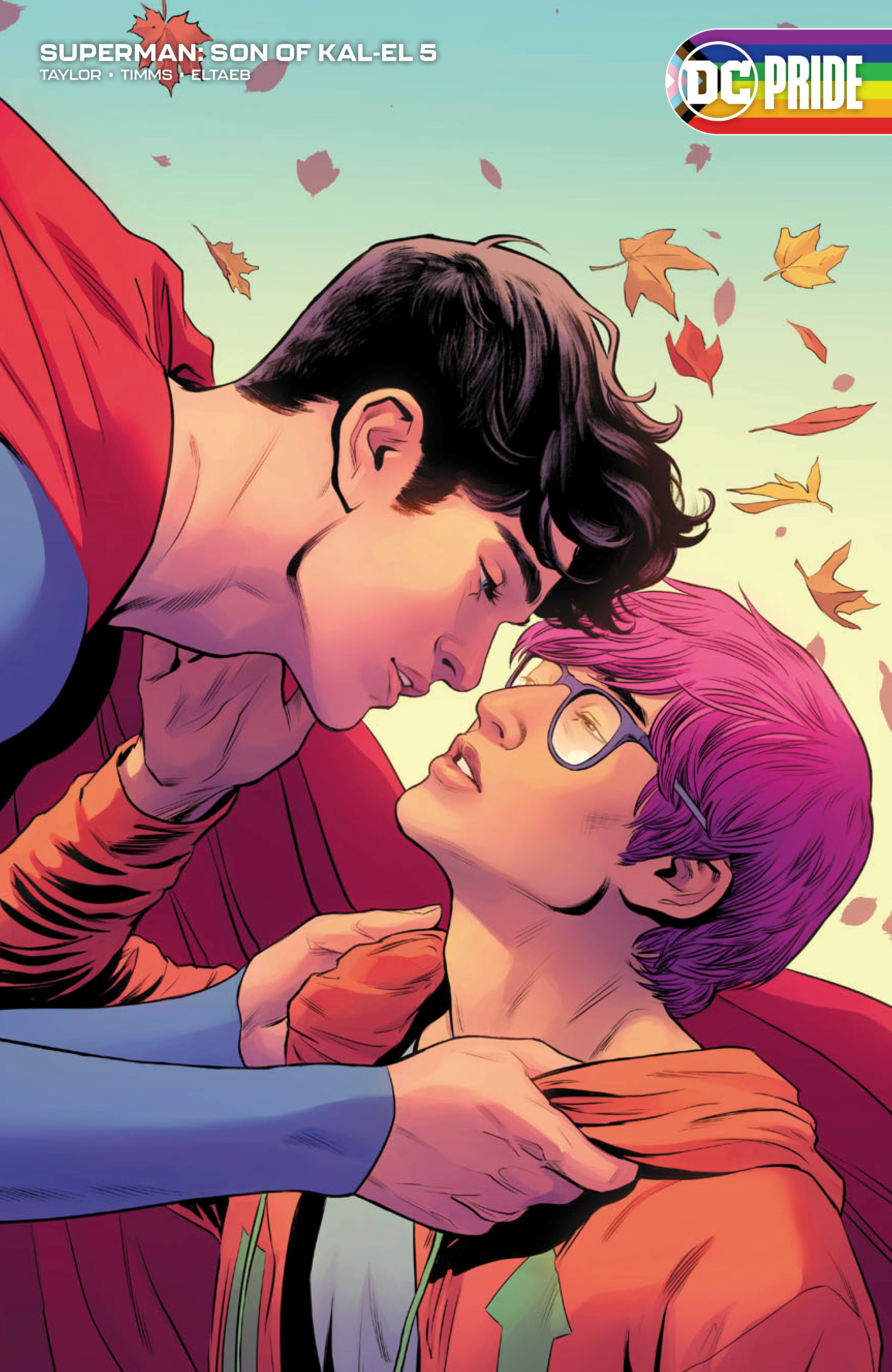An illustration shows Superman, aka Jon Kent, about to kiss reporter Jay Nakamura in the comic book 'Superman: Son of Kal-El'