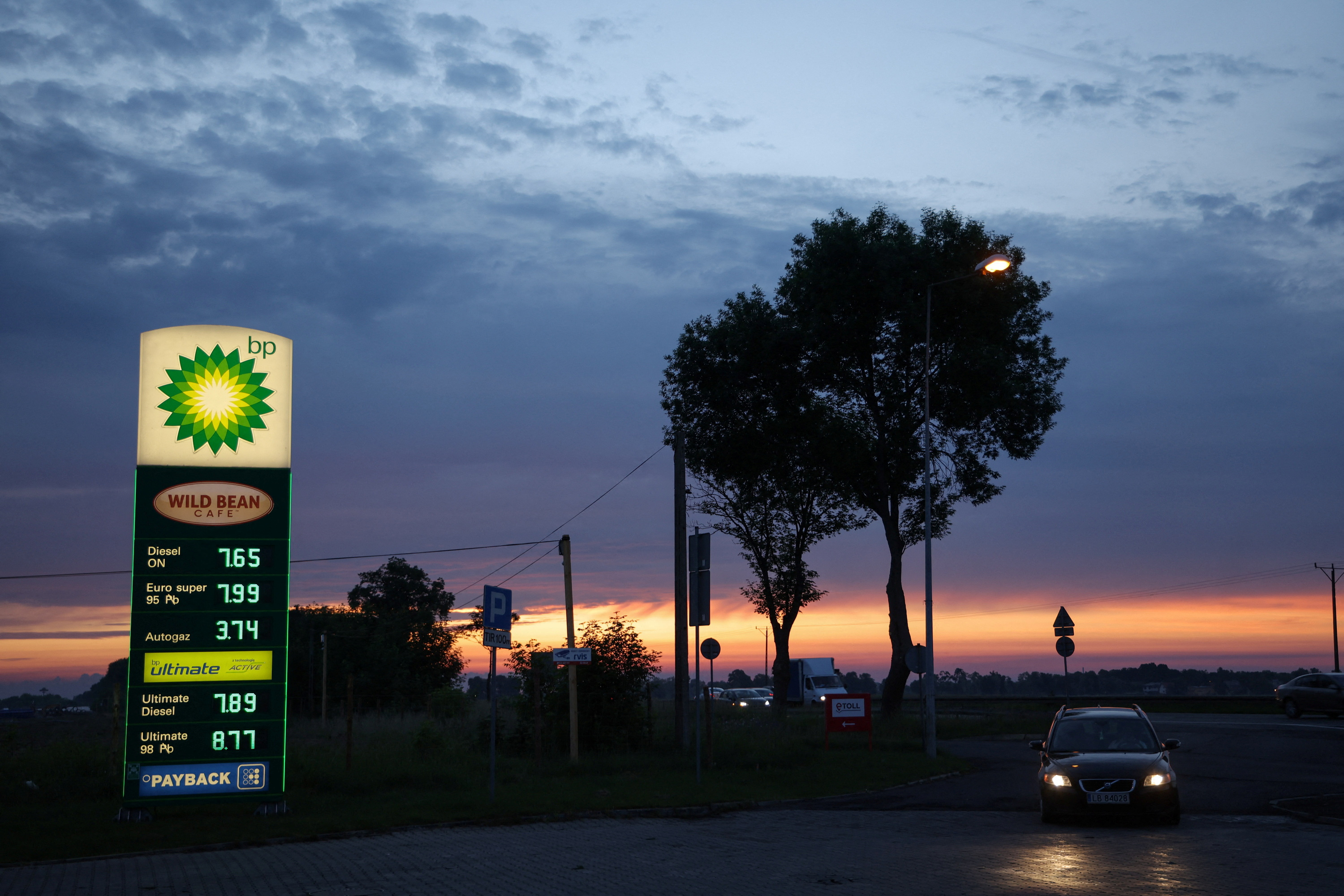 British Petrol BP price list pillar displayed petrol prices in Polish zloty in Pienkow