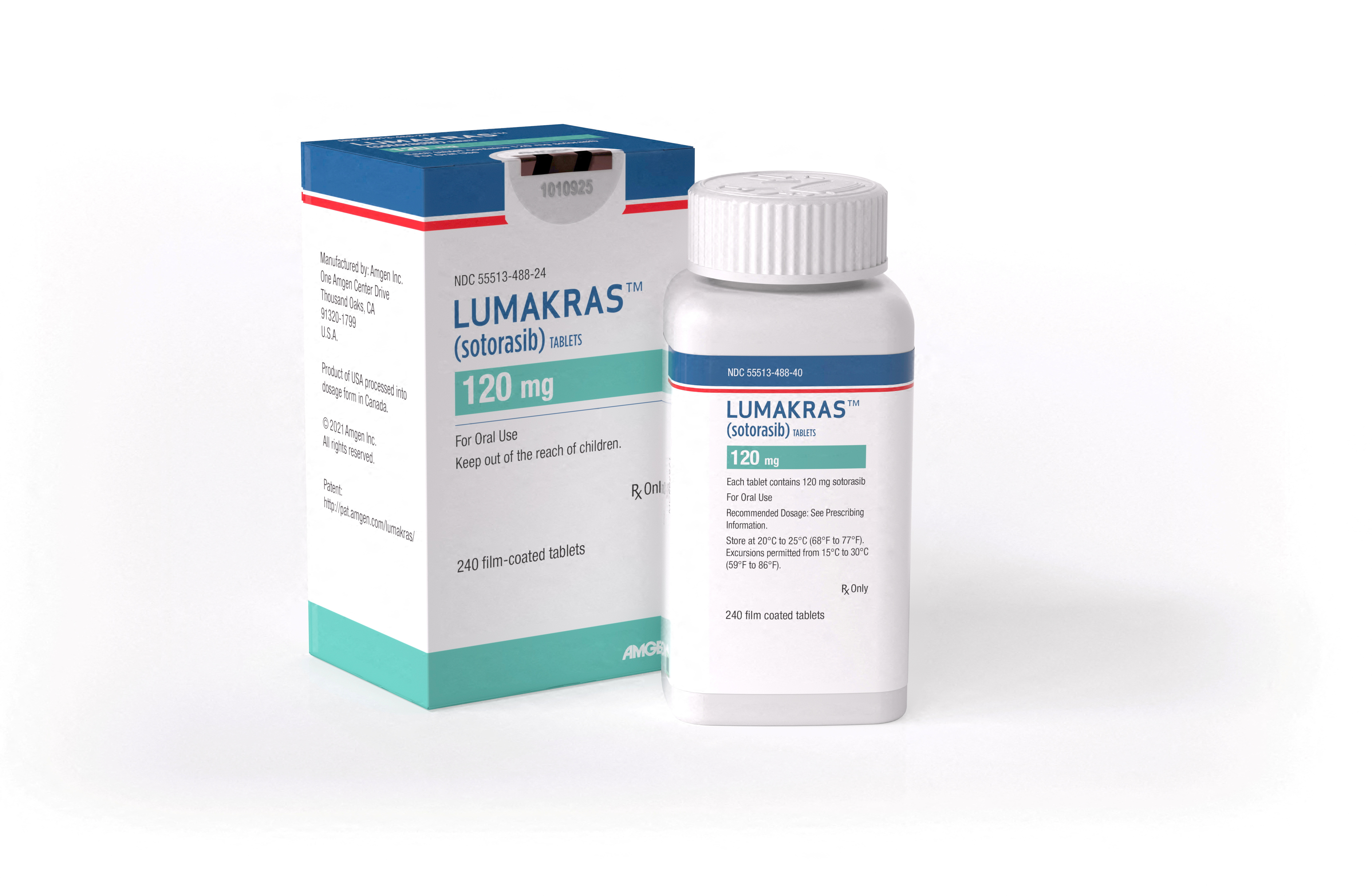 Amgen Inc. cancer drug, Lumakras, is displayed in its packaging at Thousand Oaks, in California