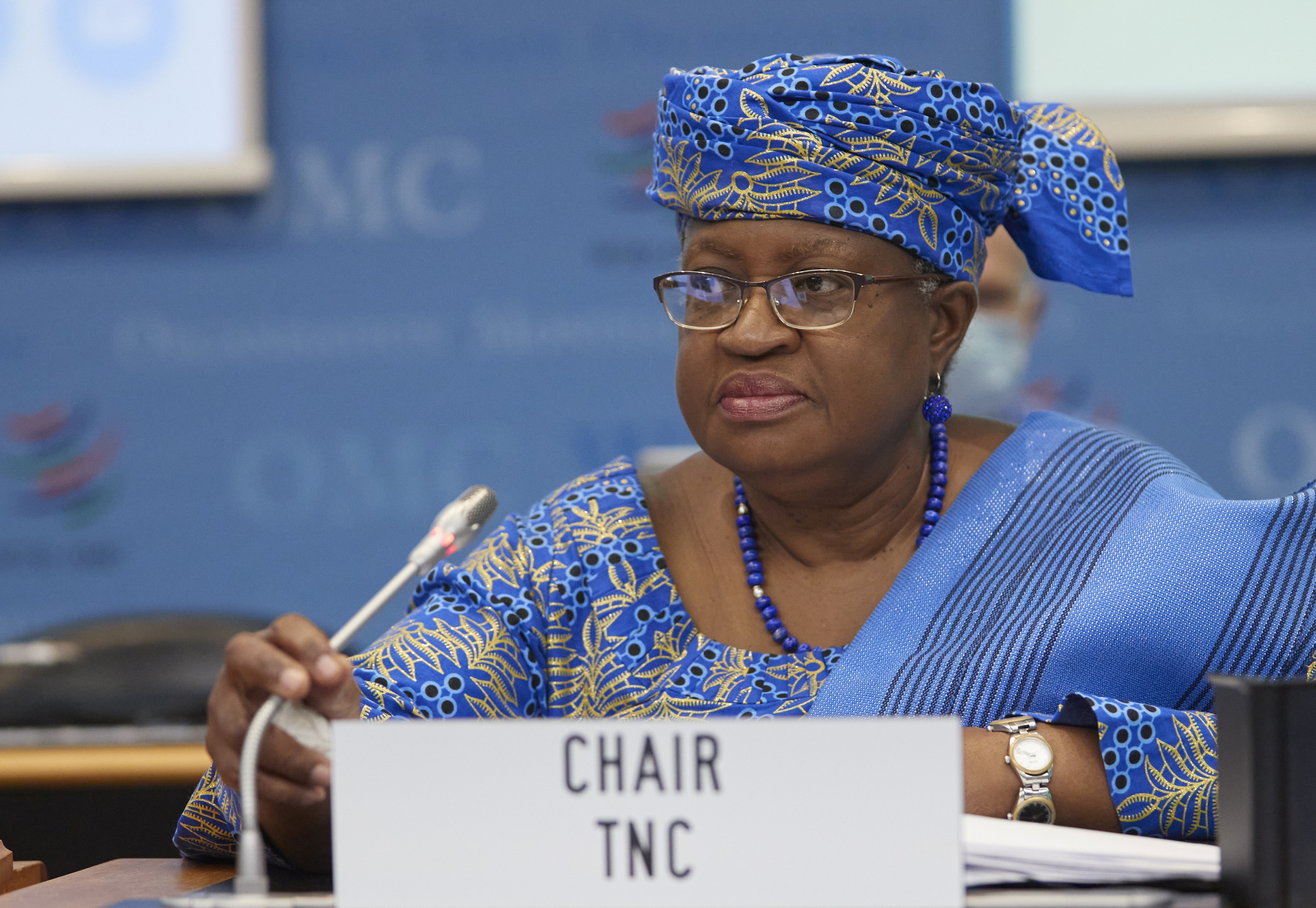 WTO Director-General Ngozi arrvies at the WTO headquarters in Geneva