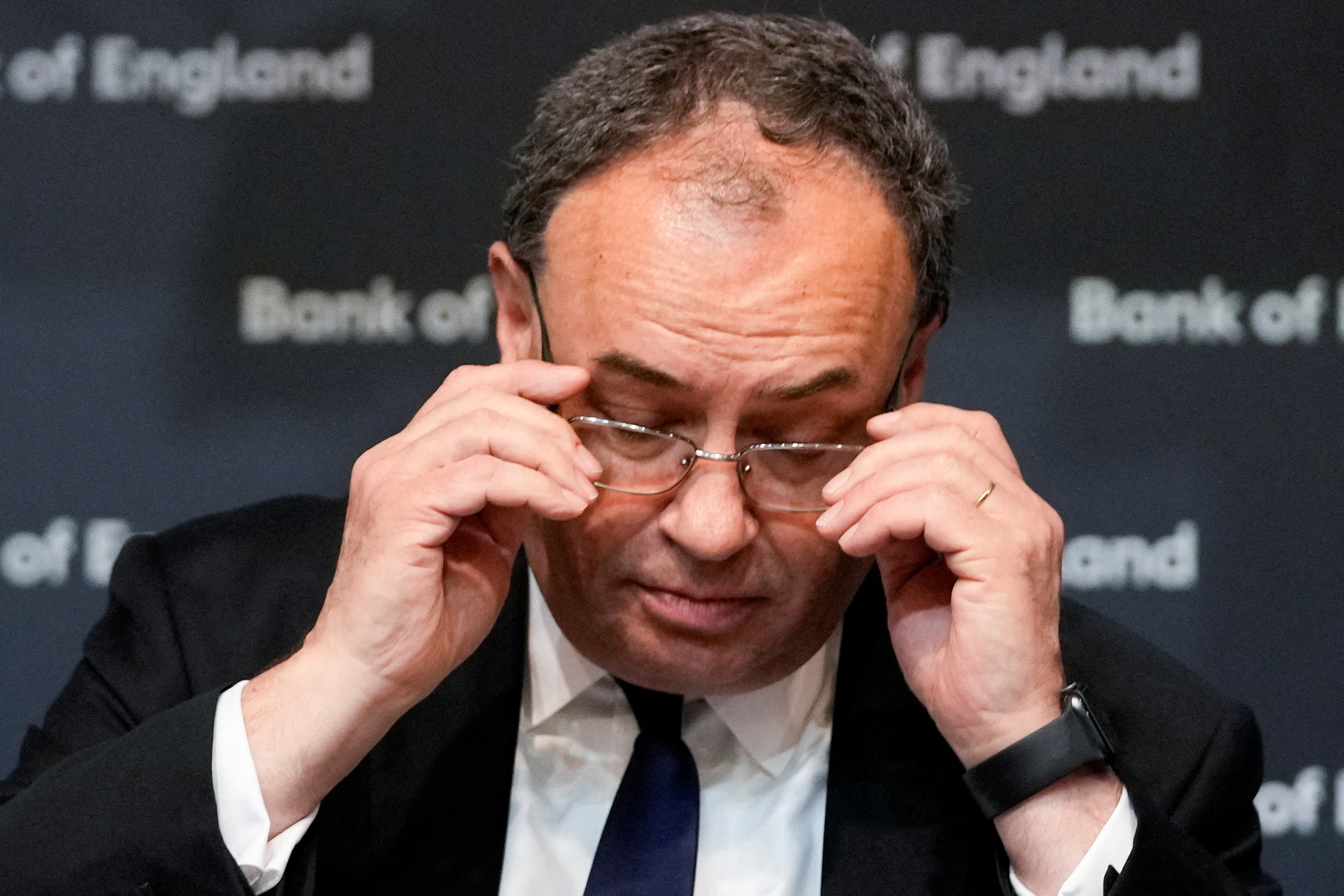 Governor of the Bank of England Andrew Bailey addresses the media on the Monetary Policy Report, in London