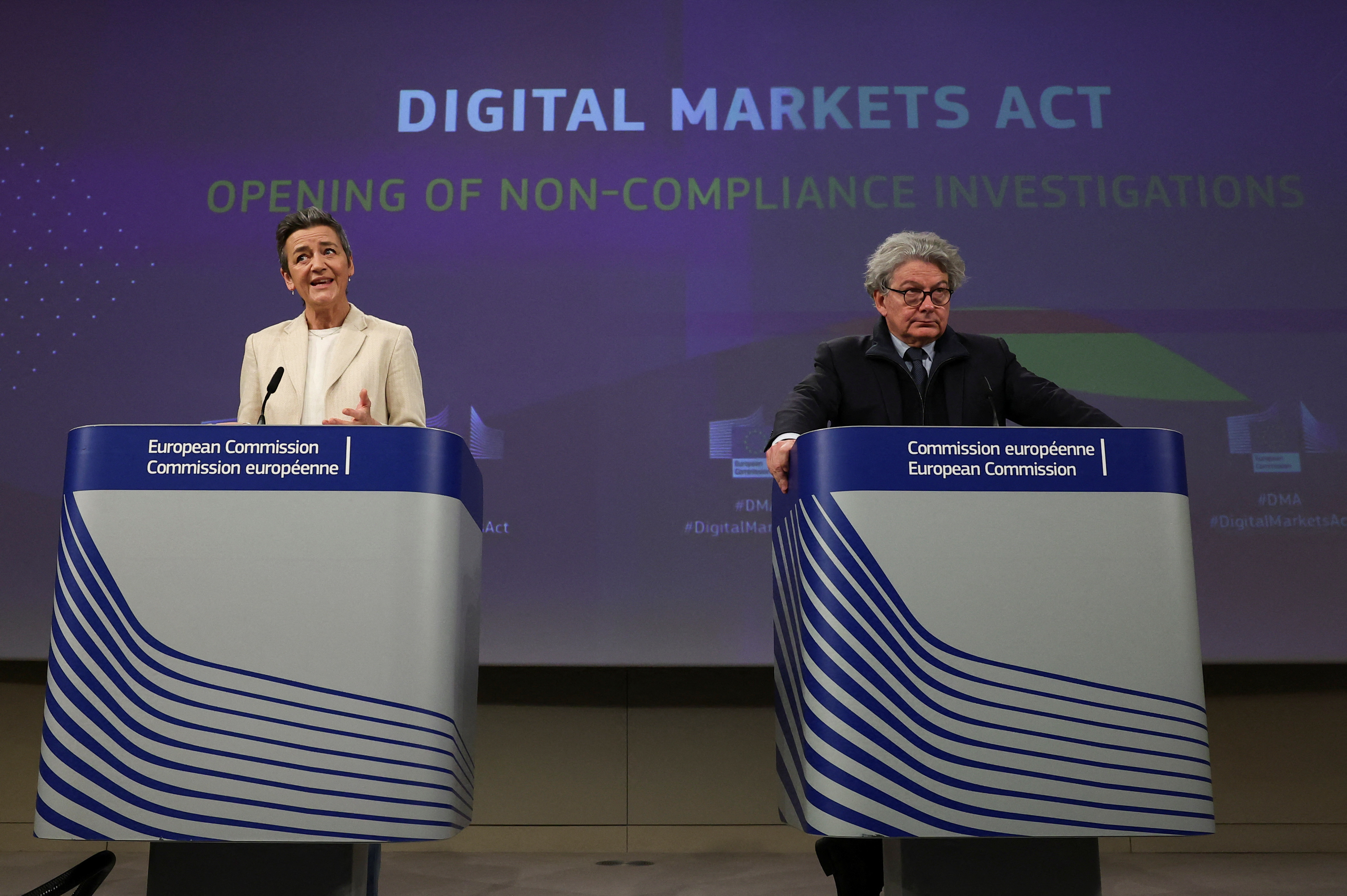 EU antitrust chief Vestager European Commissioner for Internal Market Breton hold a press conference, in Brussels