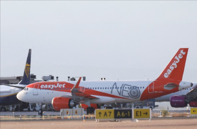 An easyJet Airbus A320neo aircraft is parked on the tarmac of Adolfo Suarez Madrid-Barajas Airport, in Madrid