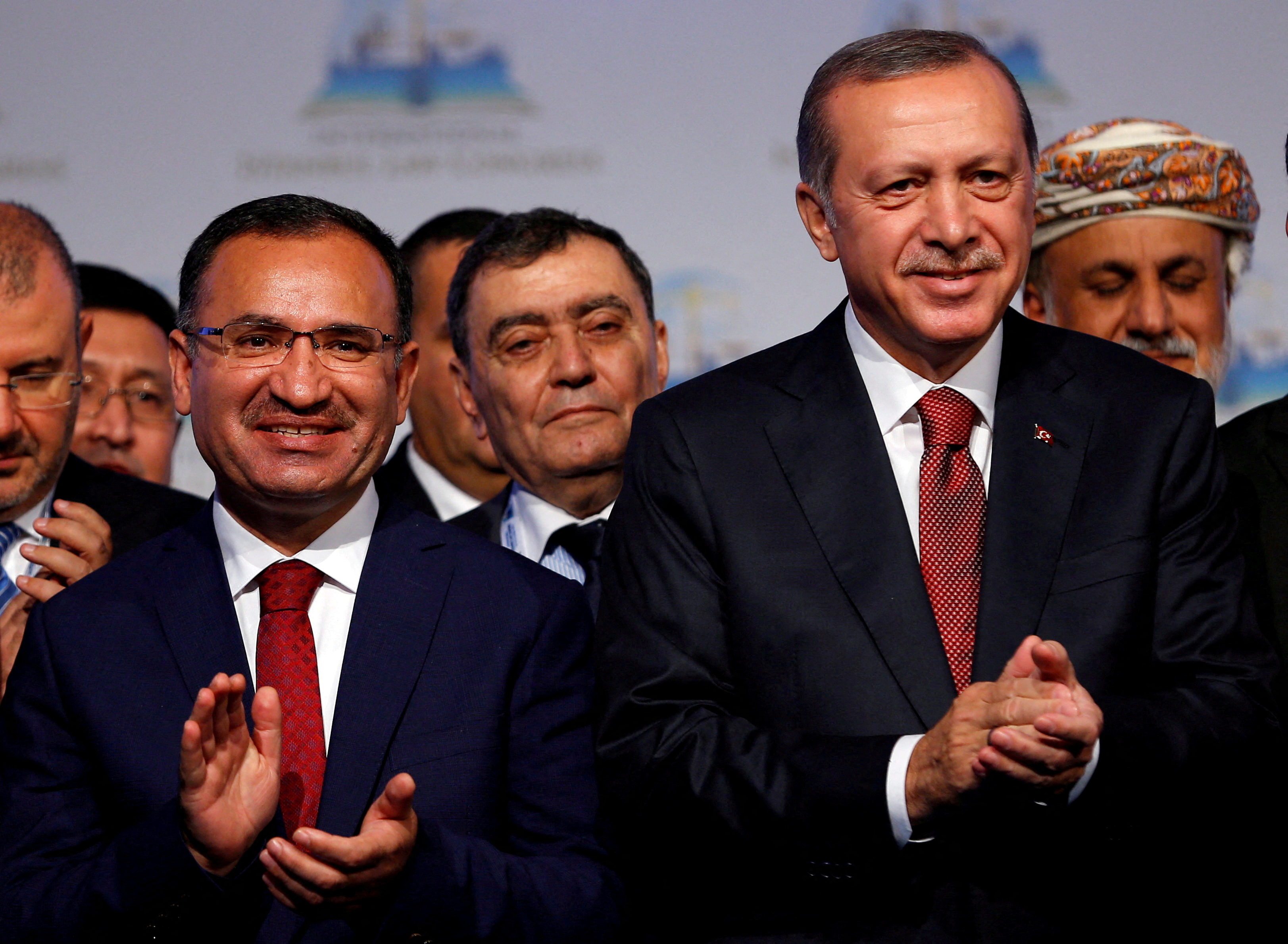 Turkish President Erdogan is pictured with Turkish Justice Minister Bozdag during the International Istanbul Law Congress in Istanbul