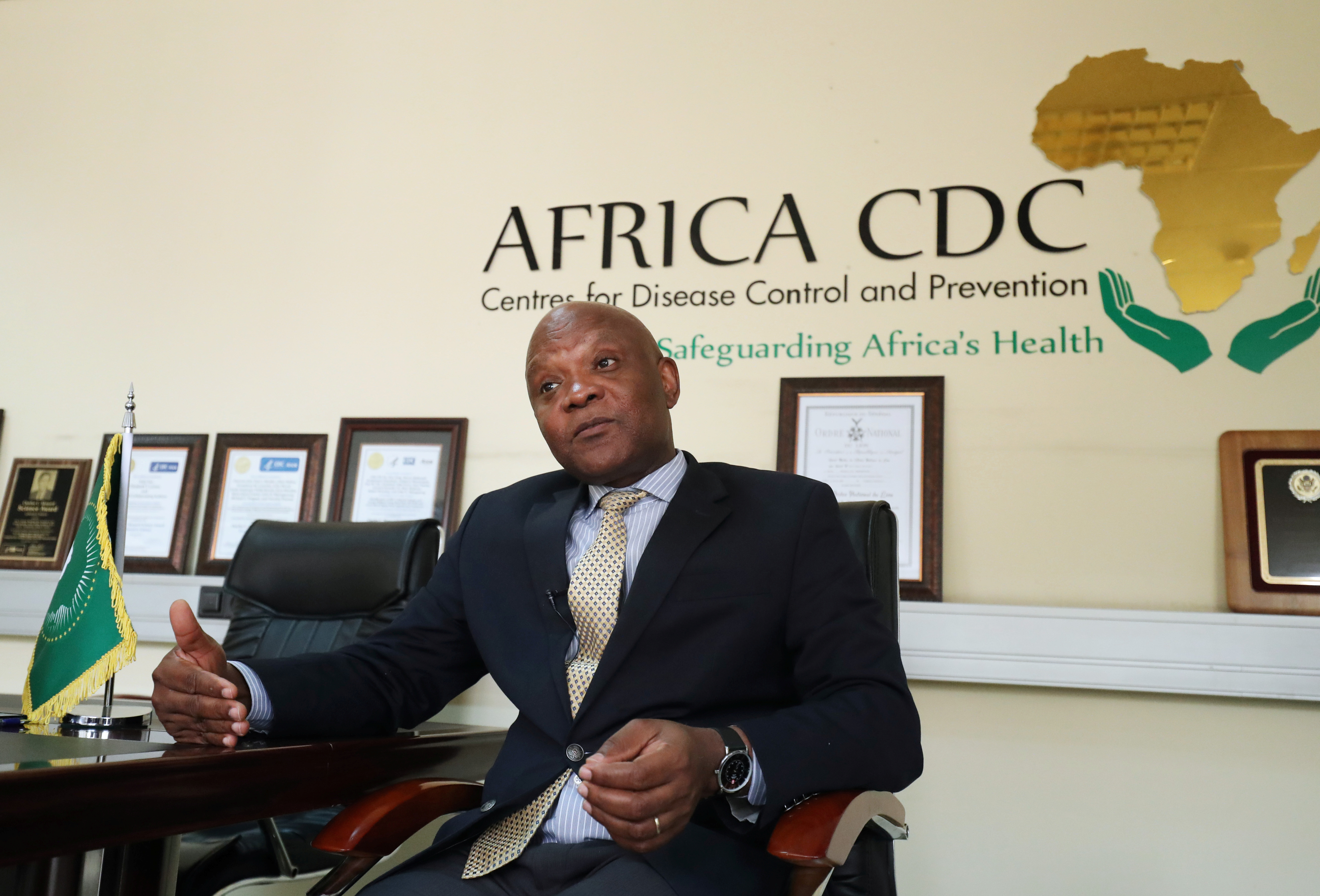 John Nkengasong, Africa's Director of the Centers for Disease Control, speaks during an interview with Reuters at the African Union Headquarters in Addis Ababa