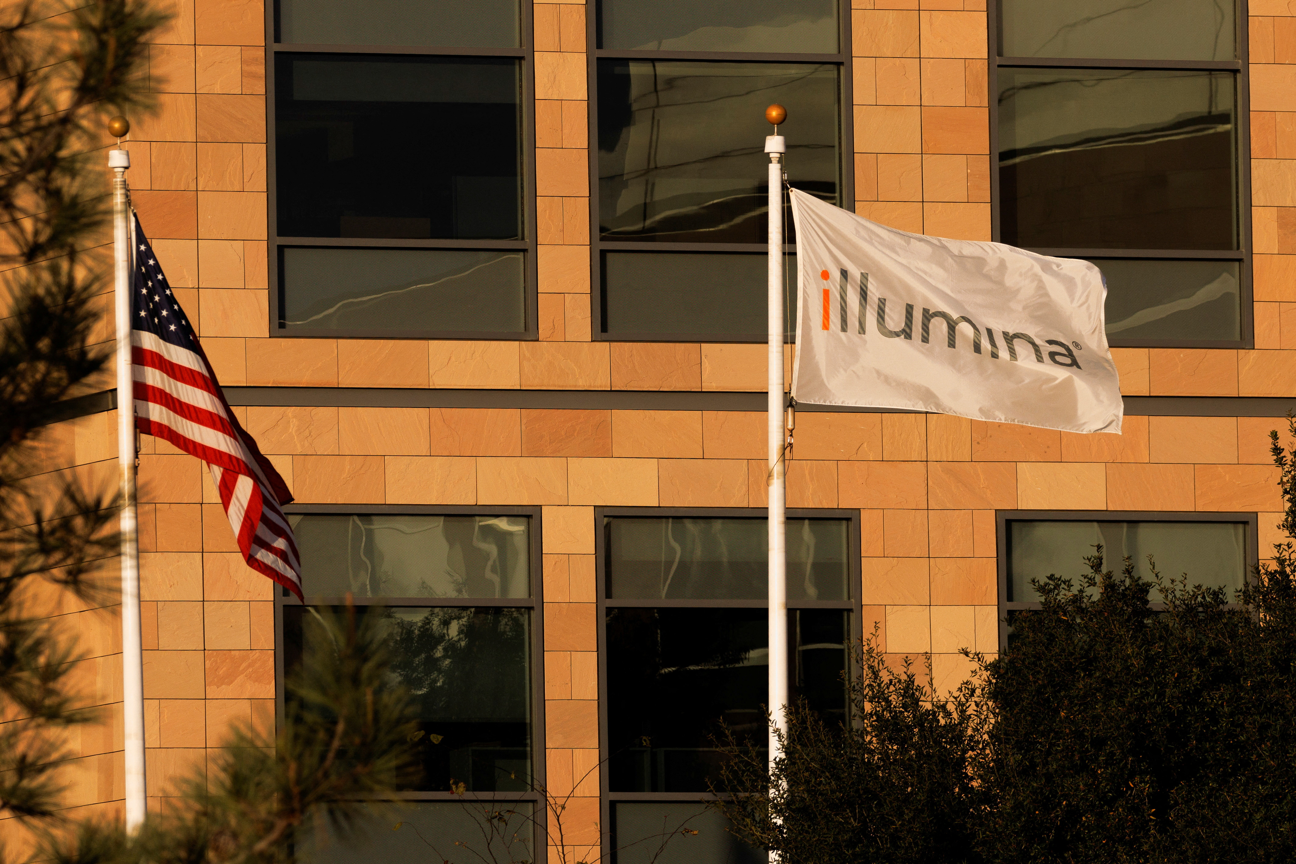 Flags wave in front of Illumina's global headquarters in San Diego, California