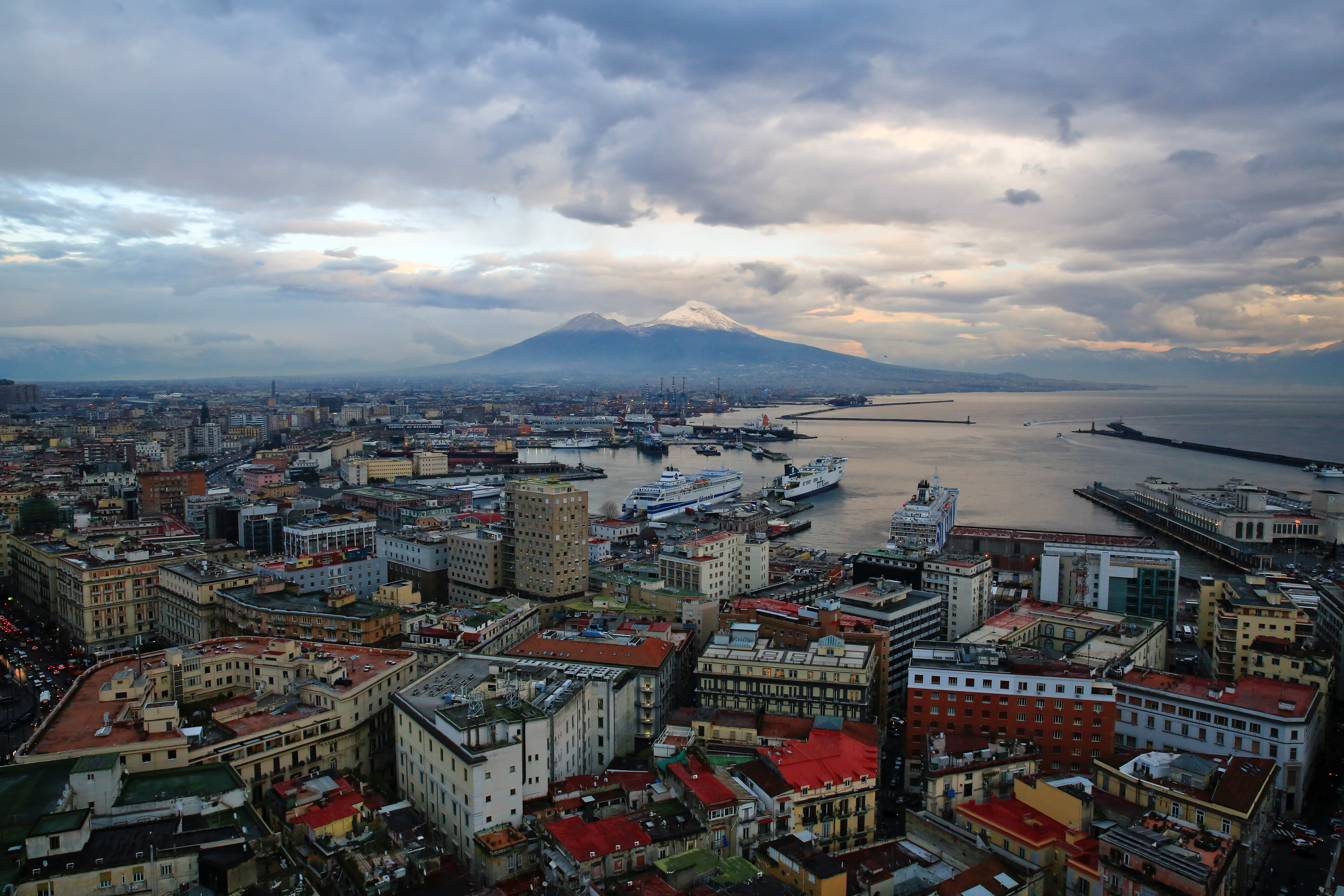 Mount Vesuvius is seen covered by snow, in Naples
